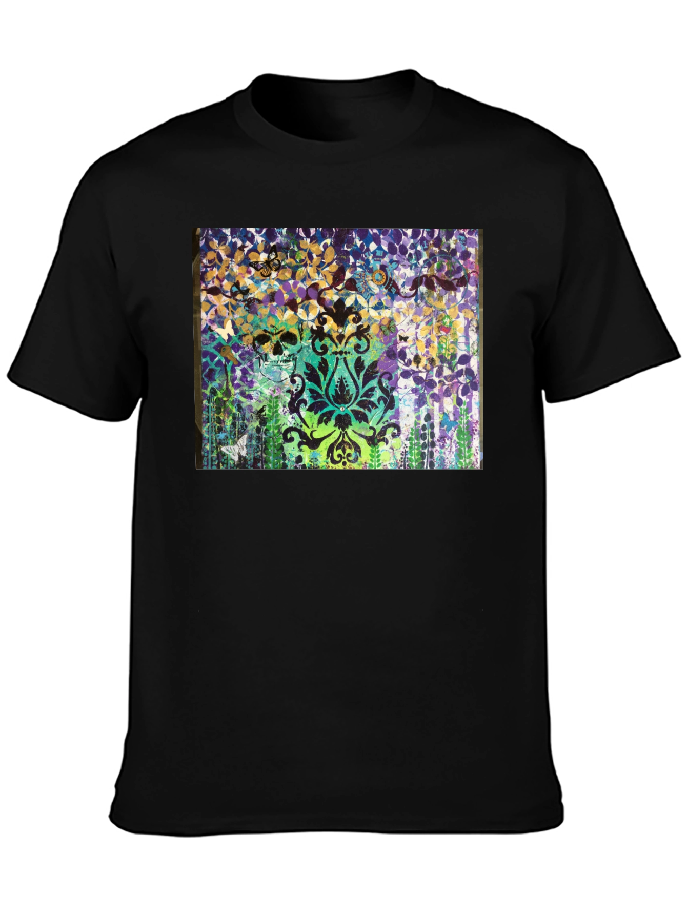 Skull & Floral Graphic Print Black T-Shirt