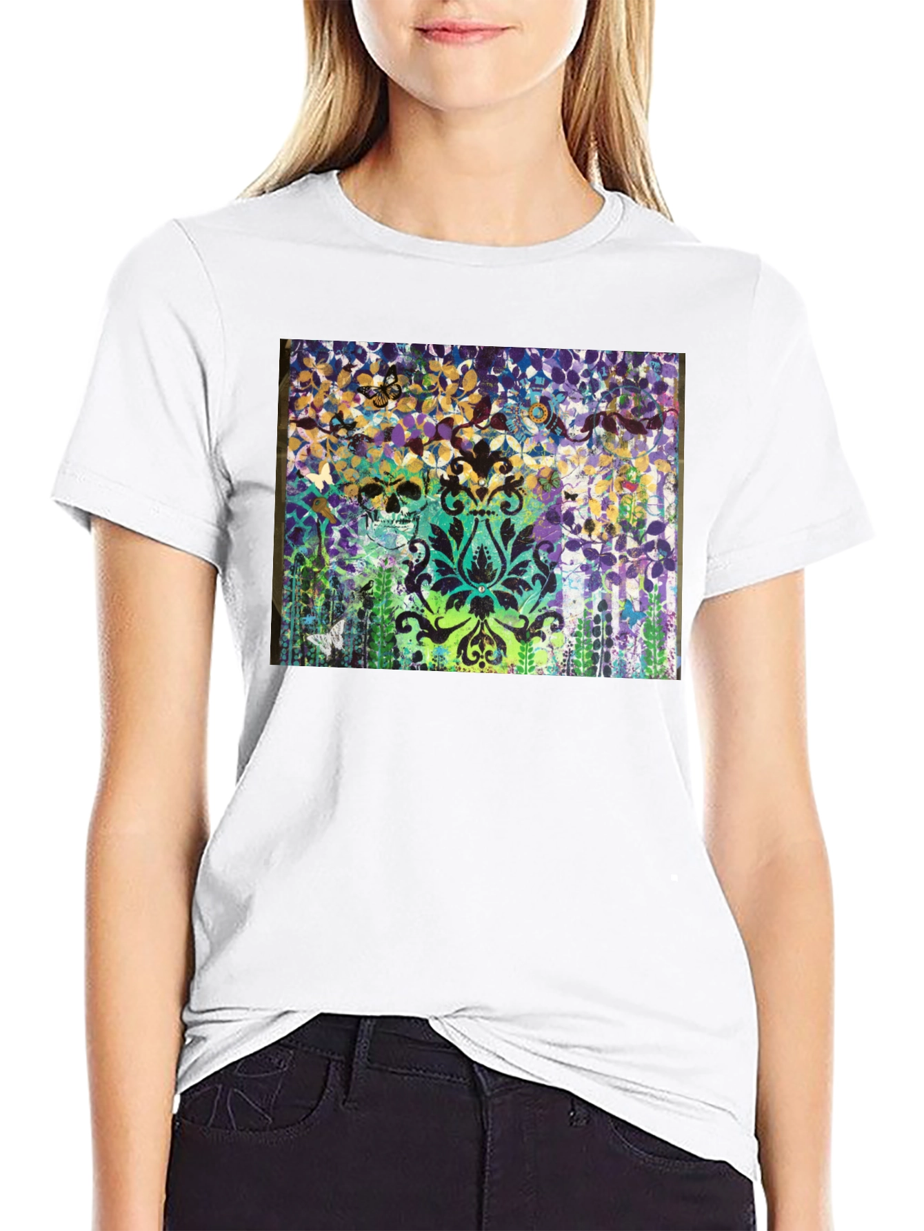 Skull & Floral Graphic Print Black T-Shirt