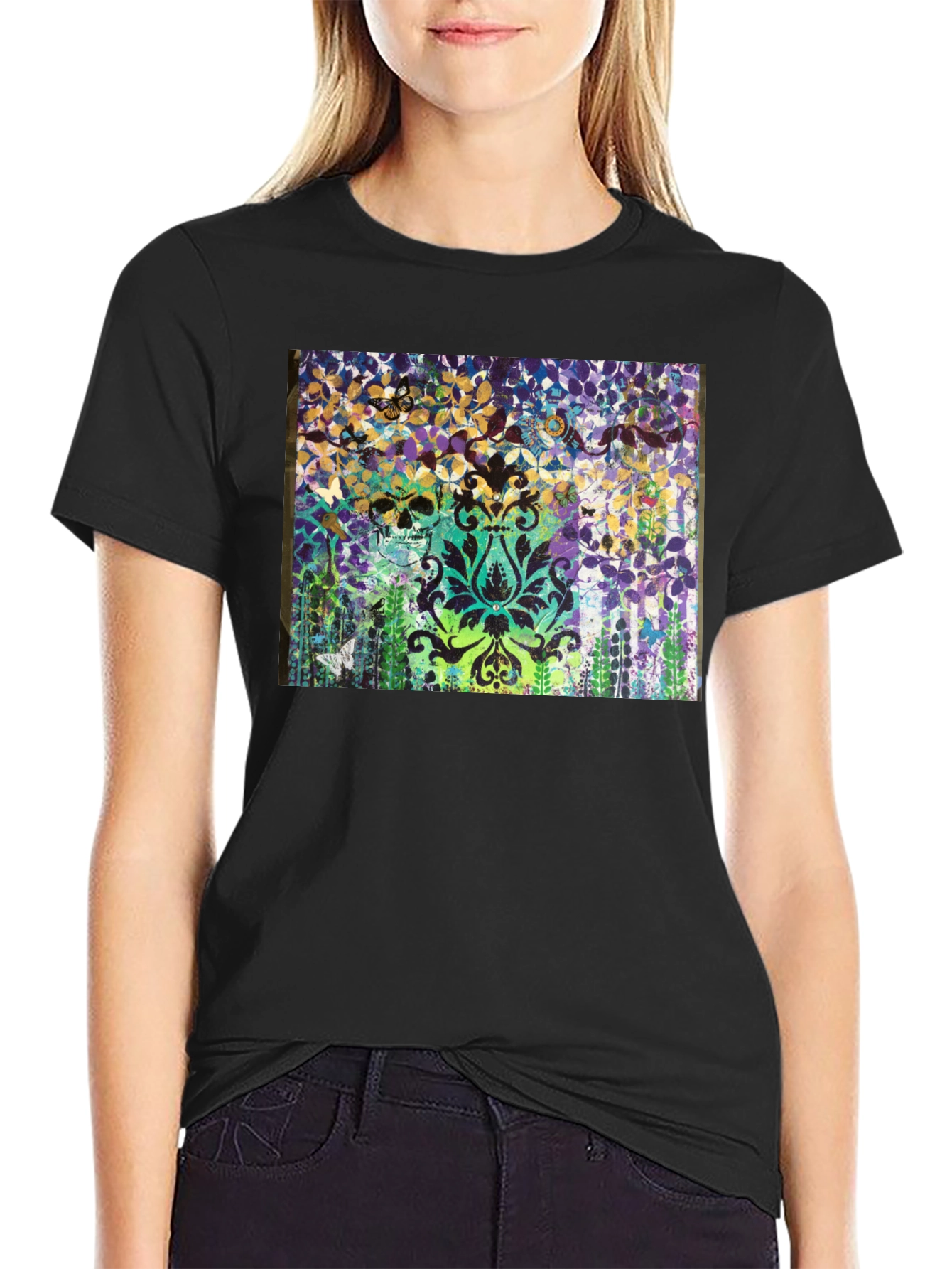 Skull & Floral Graphic Print Black T-Shirt