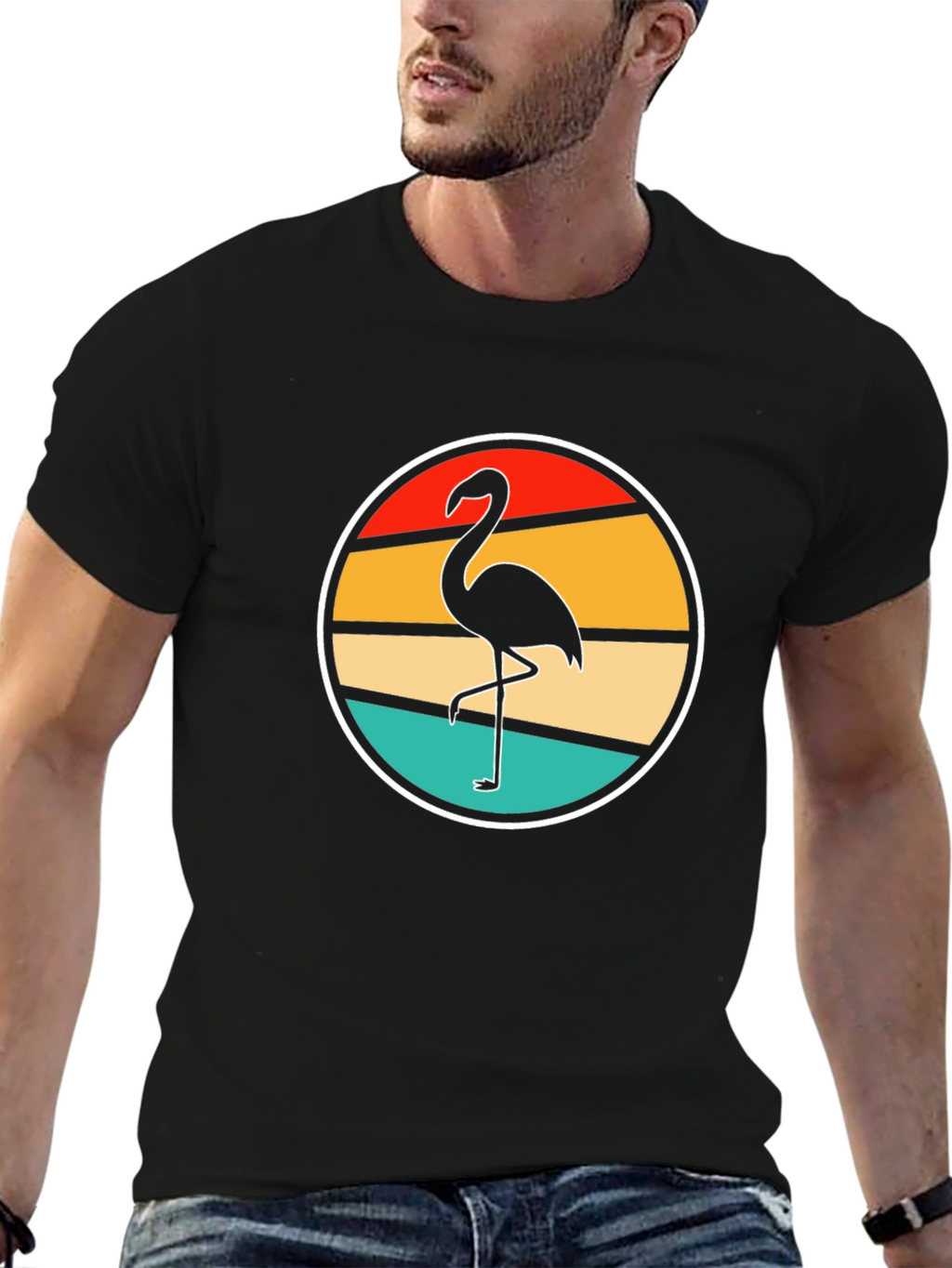 Retro Flamingo Sunset Black T-Shirt