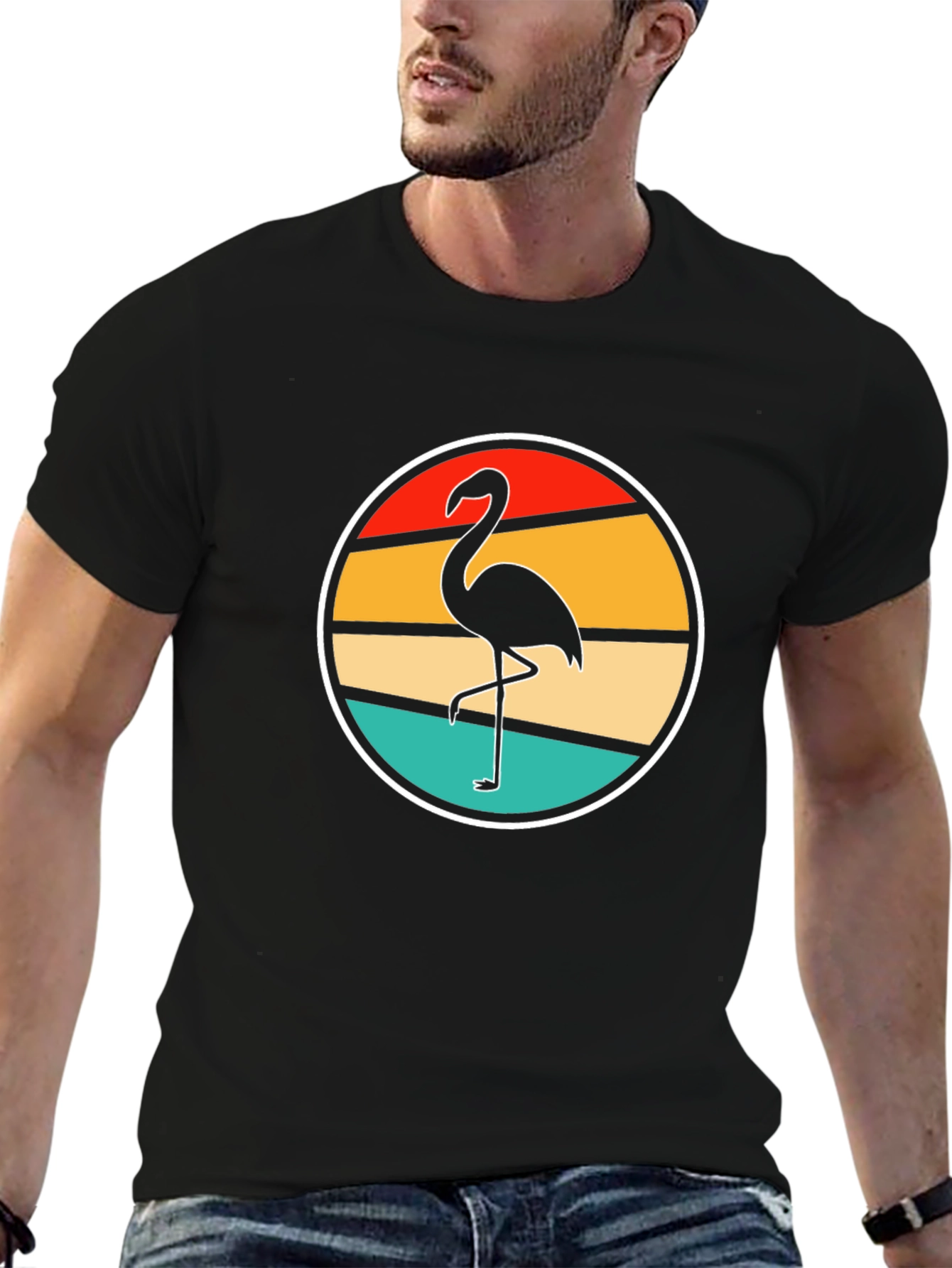 Retro Flamingo Sunset Black T-Shirt
