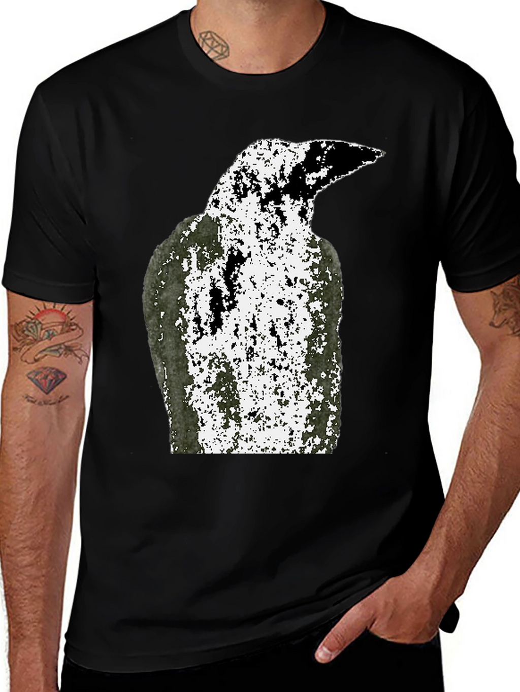 Grunge Raven Graphic Tee - Black Cotton T-Shirt