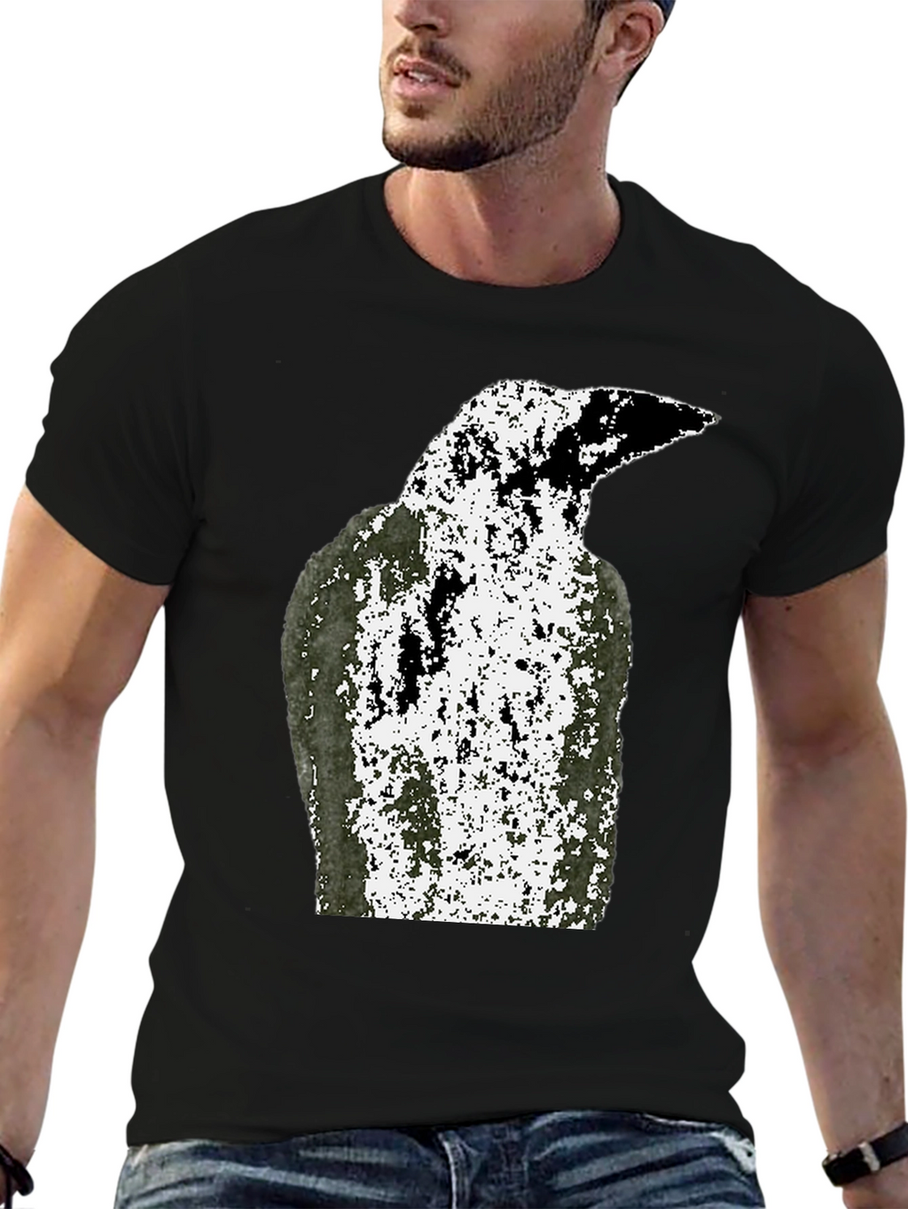Grunge Raven Graphic Tee - Black Cotton T-Shirt