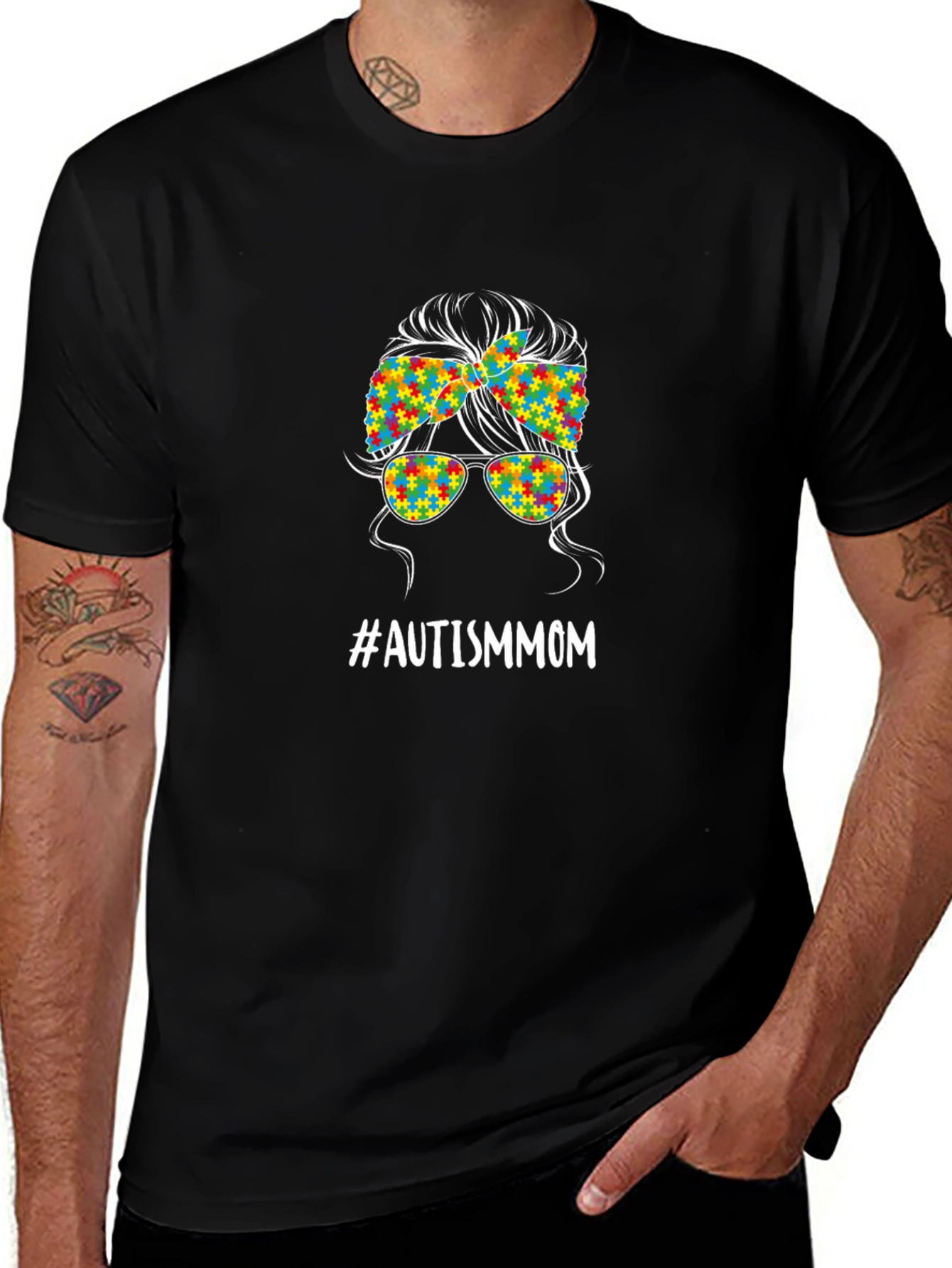 Autism Mom Messy Bun T-Shirt - Puzzle Piece Design