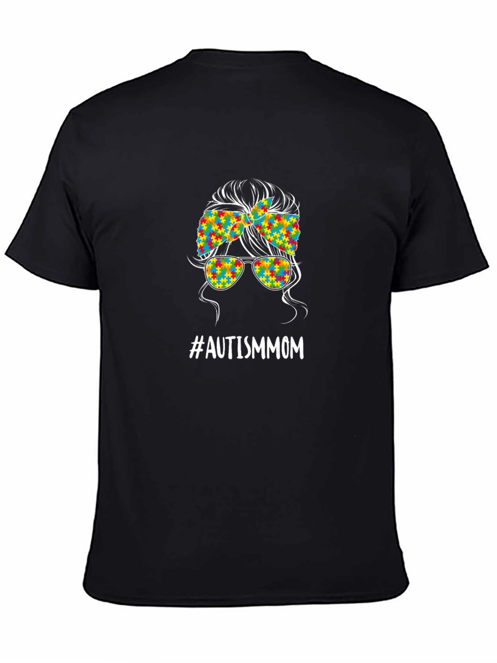Autism Mom Messy Bun T-Shirt - Puzzle Piece Design