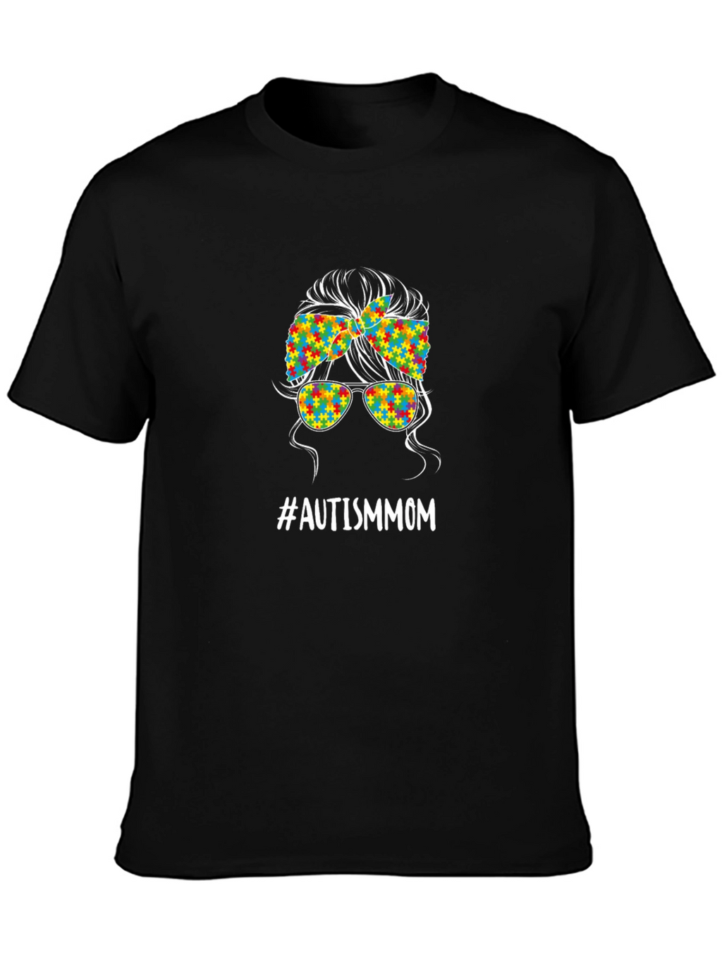 Autism Mom Messy Bun T-Shirt - Puzzle Piece Design