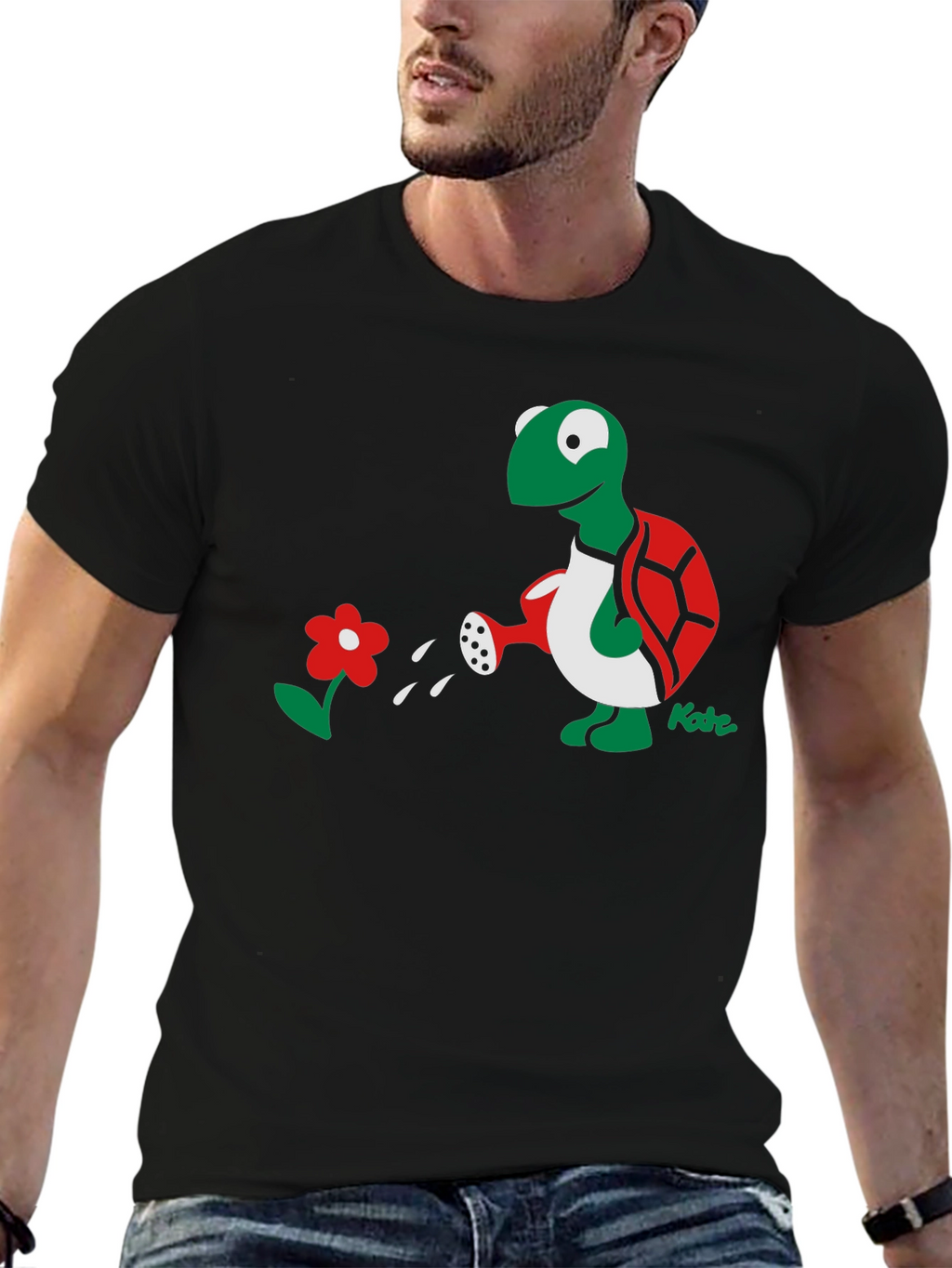 Whimsical Turtle Watering Flower Graphic Tee