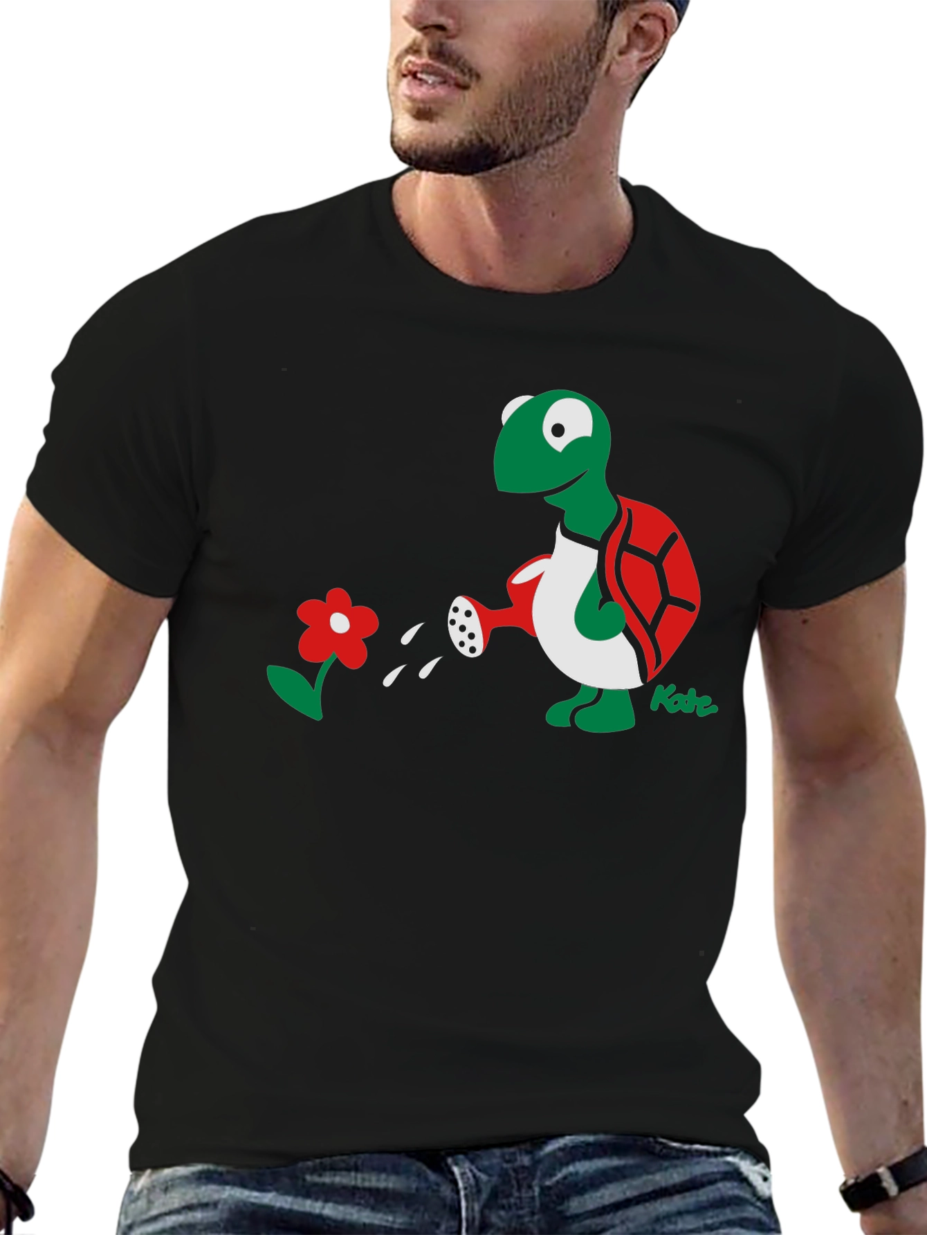 Whimsical Turtle Watering Flower Graphic Tee