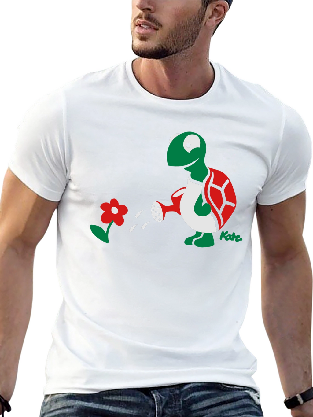 Whimsical Turtle Watering Flower Graphic Tee