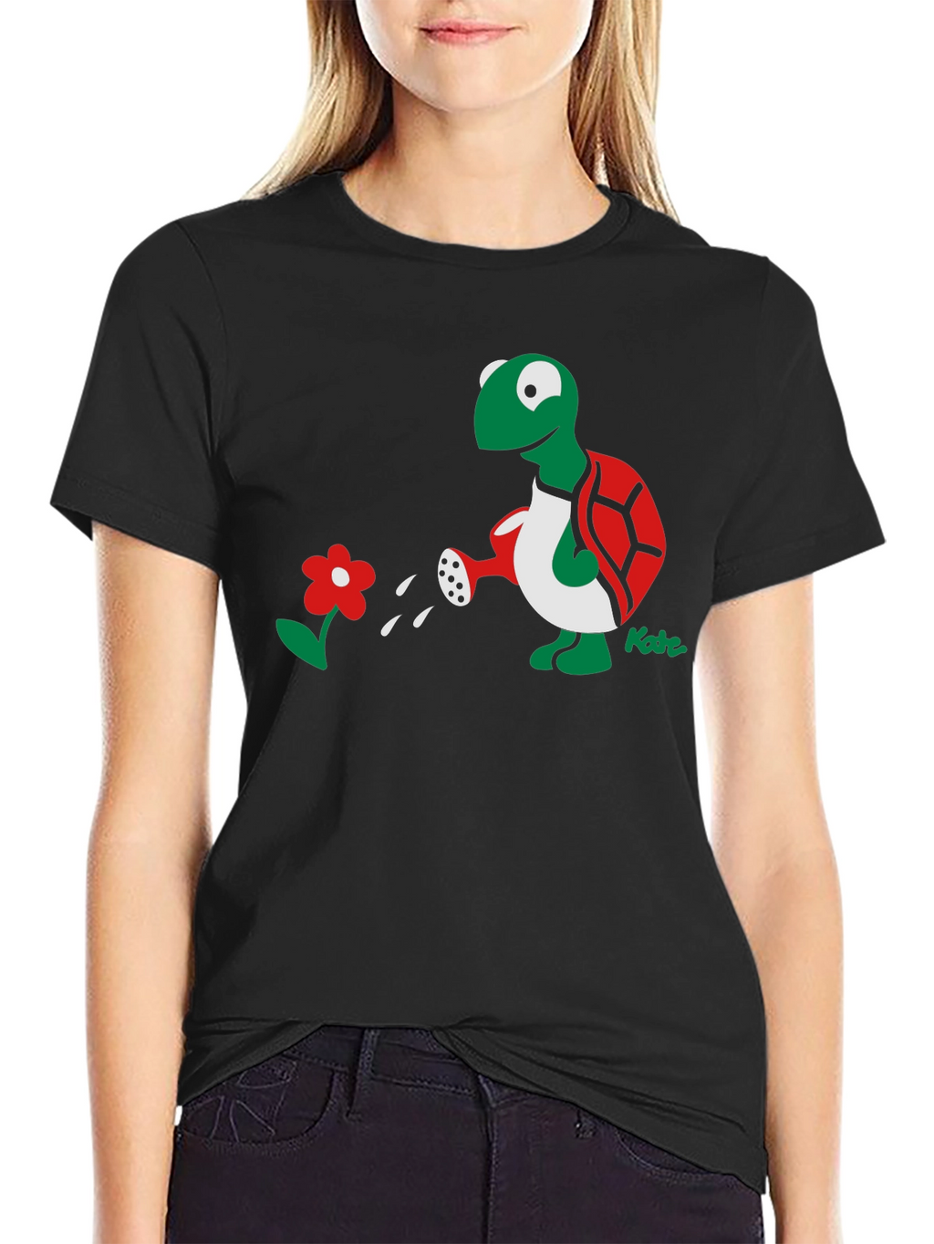 Whimsical Turtle Watering Flower Graphic Tee