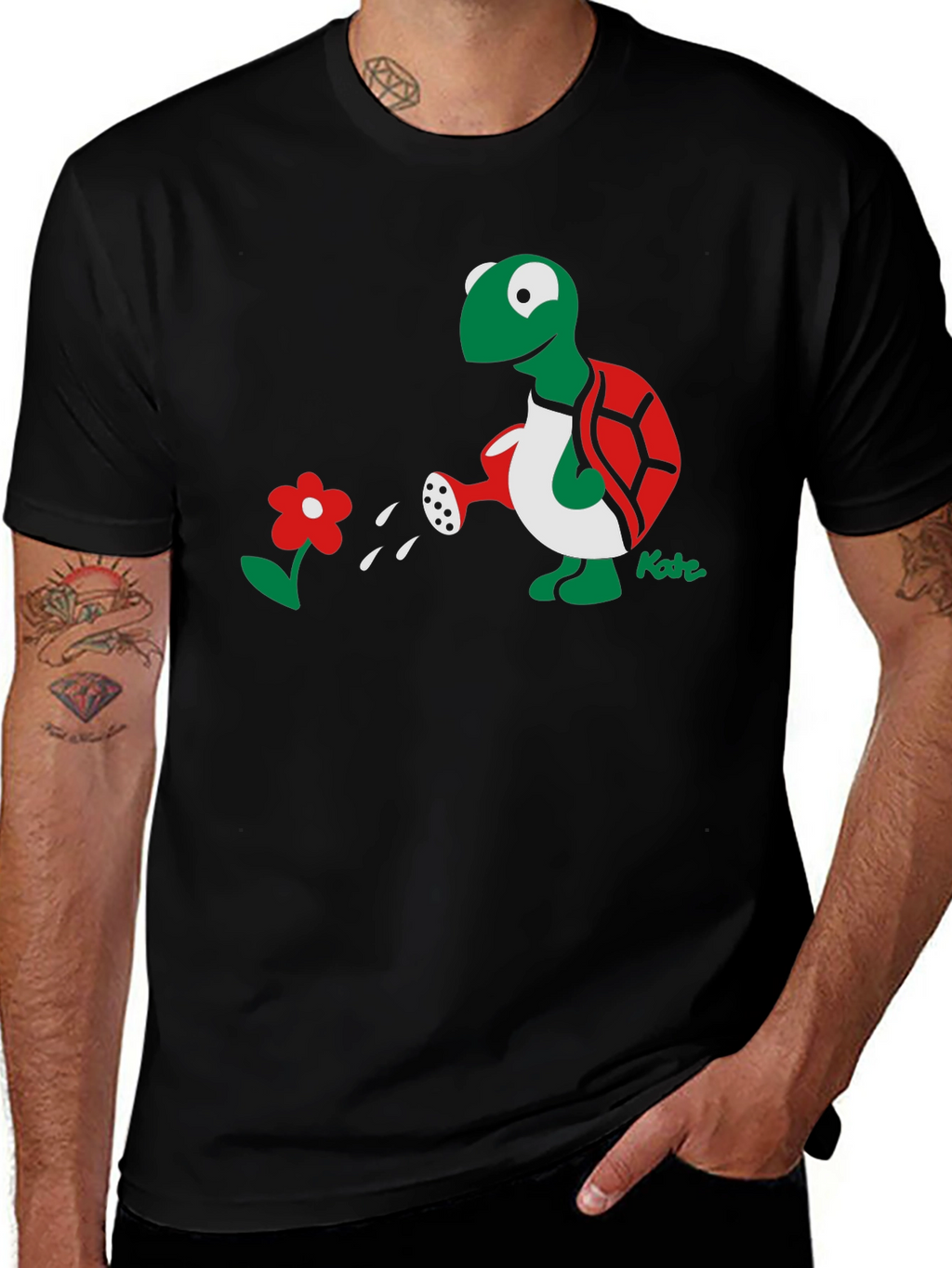 Whimsical Turtle Watering Flower Graphic Tee