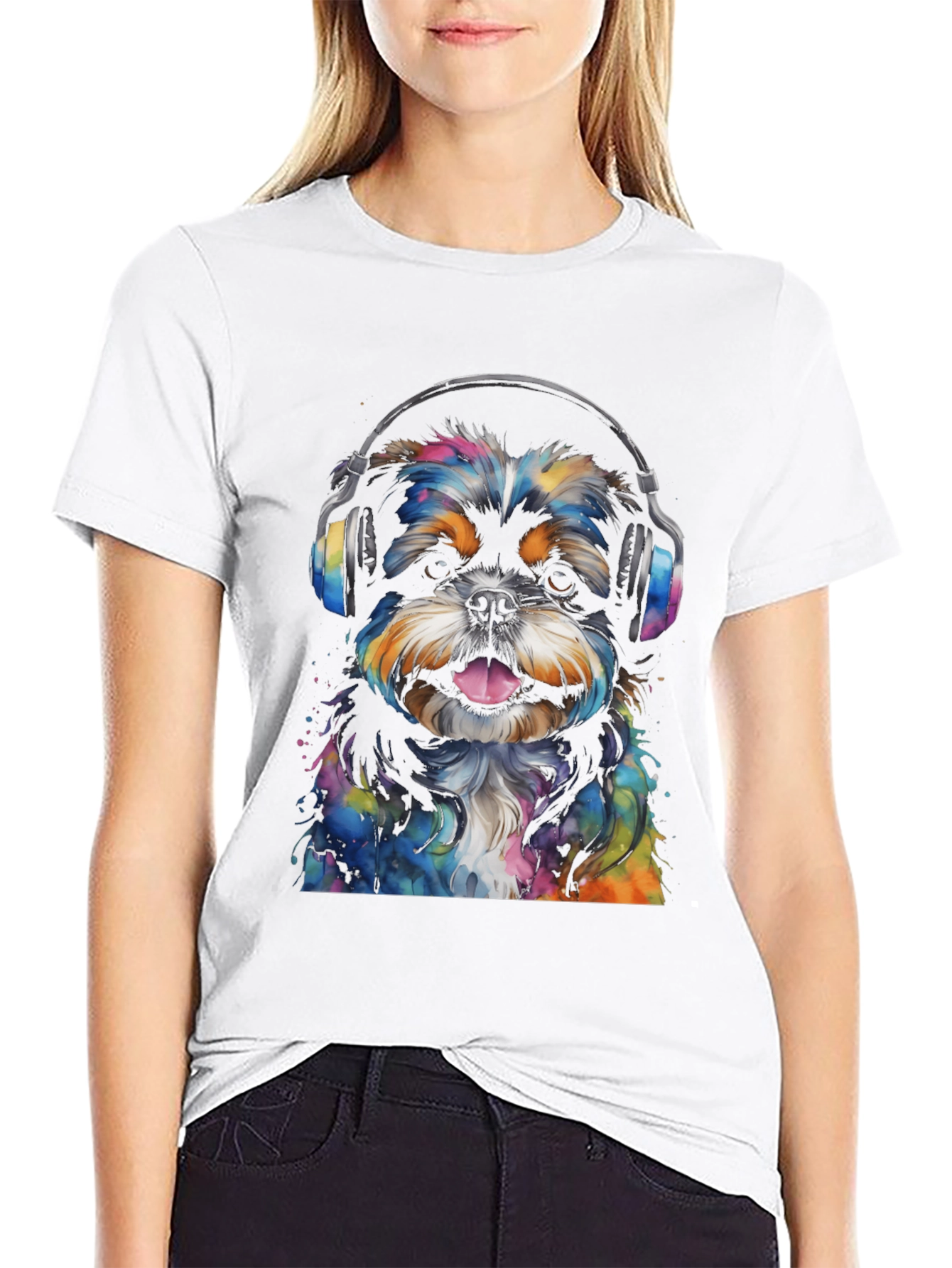 Dog with Headphones Graphic Tee - Black Cotton Blend