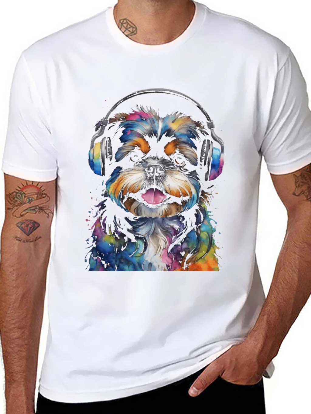 Dog with Headphones Graphic Tee - Black Cotton Blend