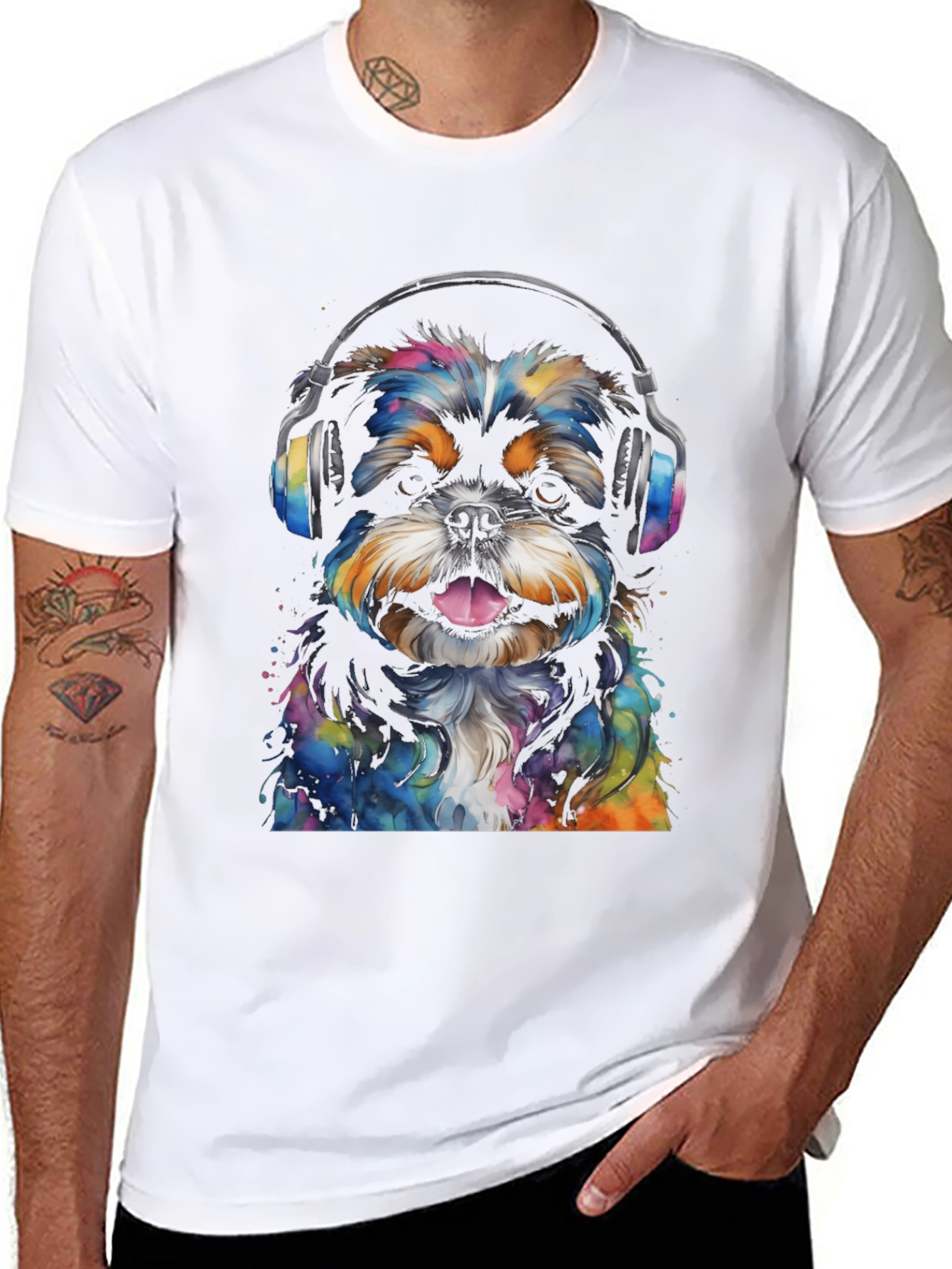 Dog with Headphones Graphic Tee - Black Cotton Blend