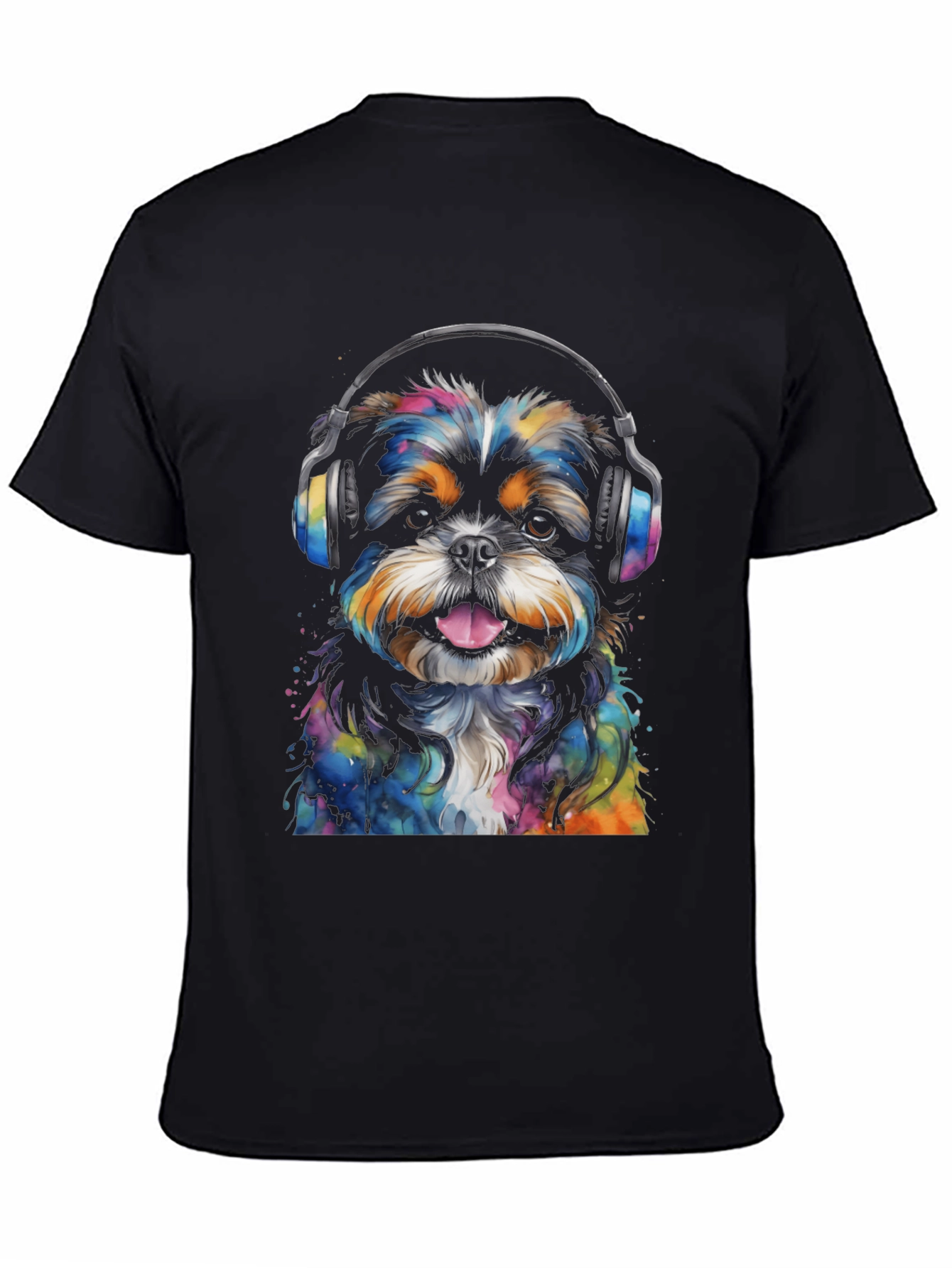 Dog with Headphones Graphic Tee - Black Cotton Blend