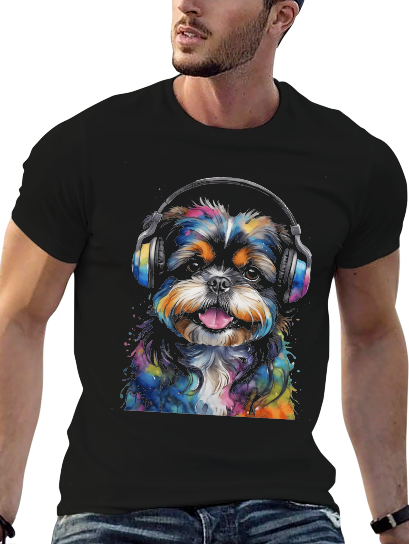 Dog with Headphones Graphic Tee - Black Cotton Blend