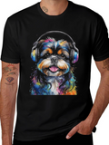 Dog with Headphones Graphic Tee - Black Cotton Blend