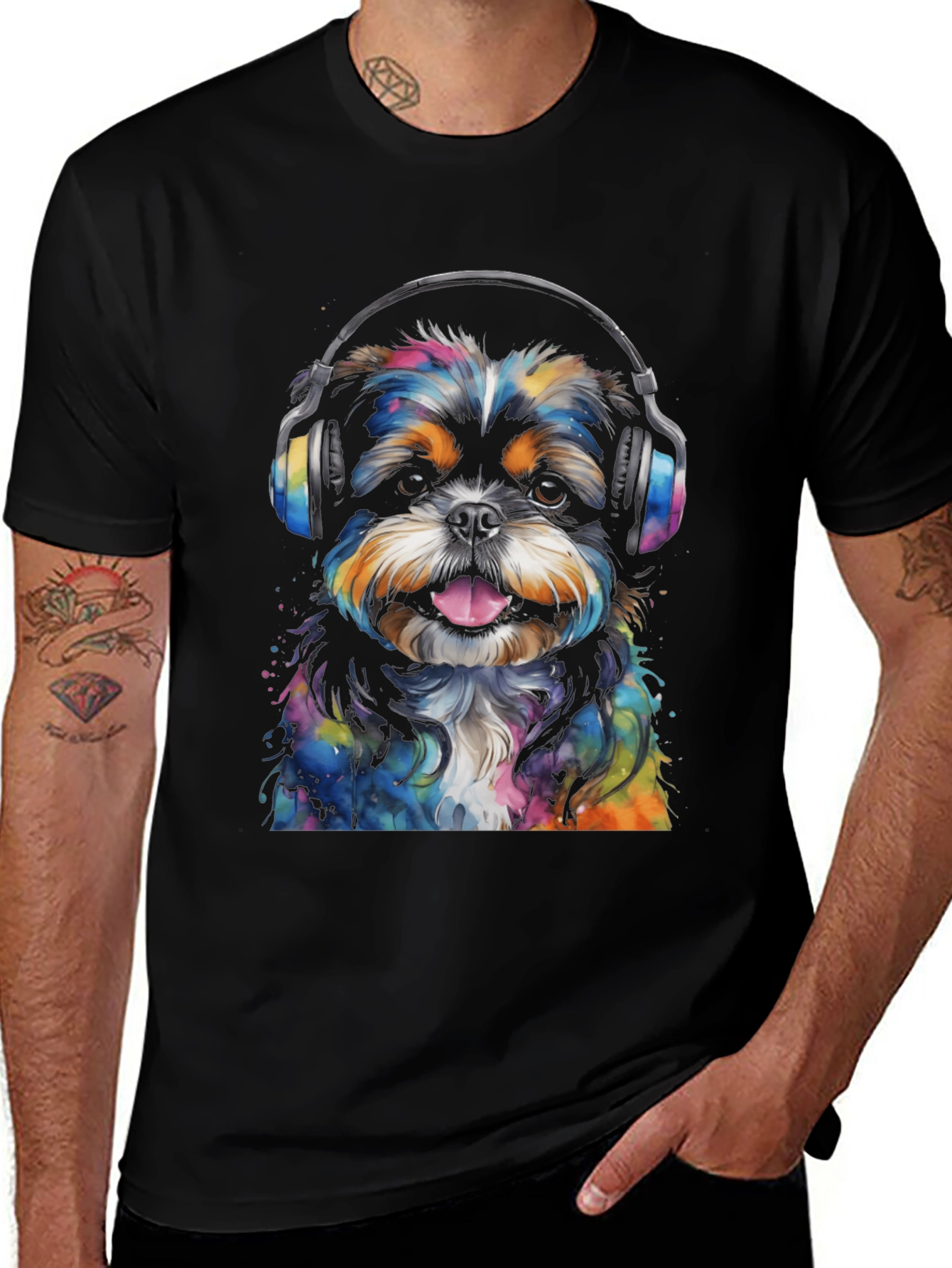 Dog with Headphones Graphic Tee - Black Cotton Blend