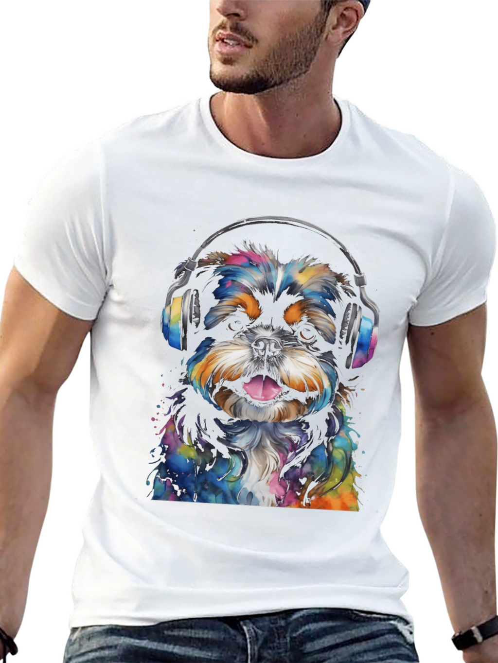 Dog with Headphones Graphic Tee - Black Cotton Blend