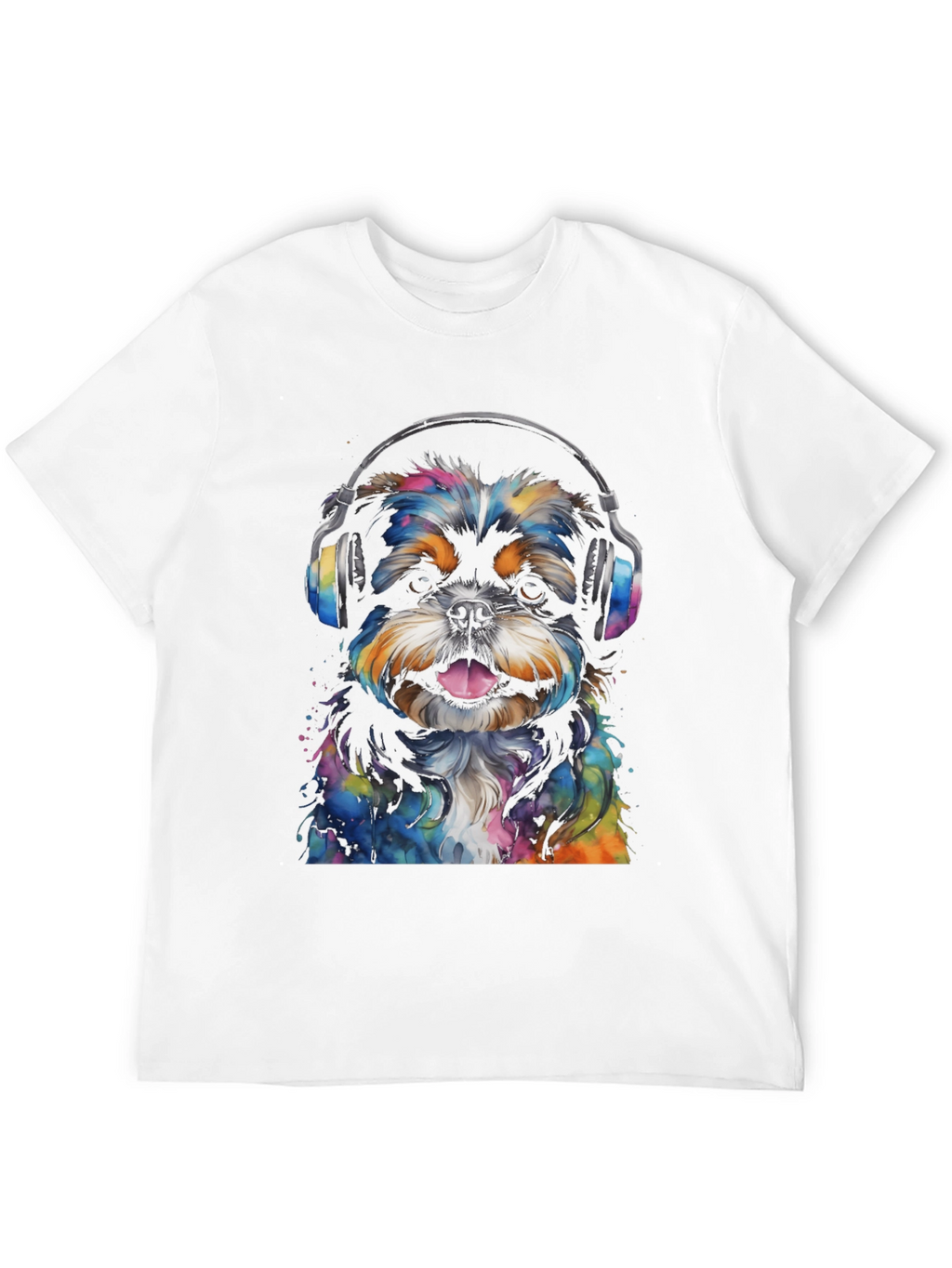 Dog with Headphones Graphic Tee - Black Cotton Blend