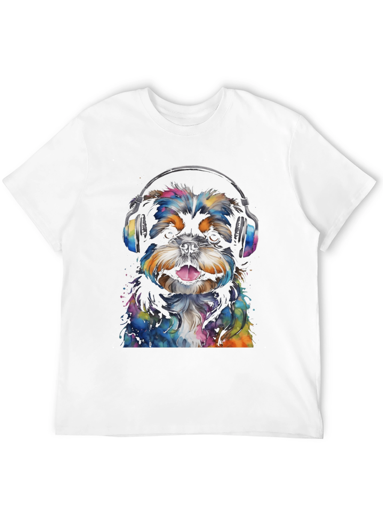 Dog with Headphones Graphic Tee - Black Cotton Blend