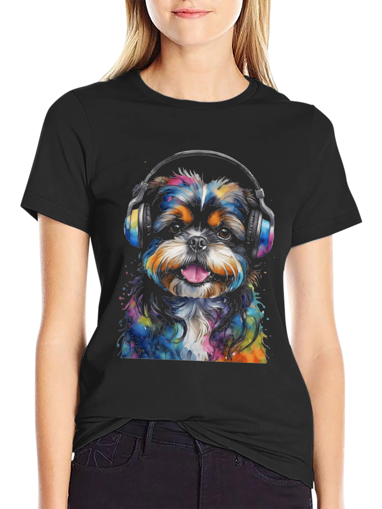 Dog with Headphones Graphic Tee - Black Cotton Blend