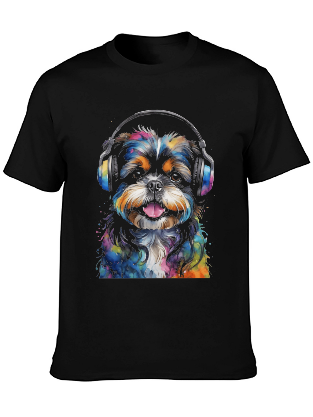 Dog with Headphones Graphic Tee - Black Cotton Blend