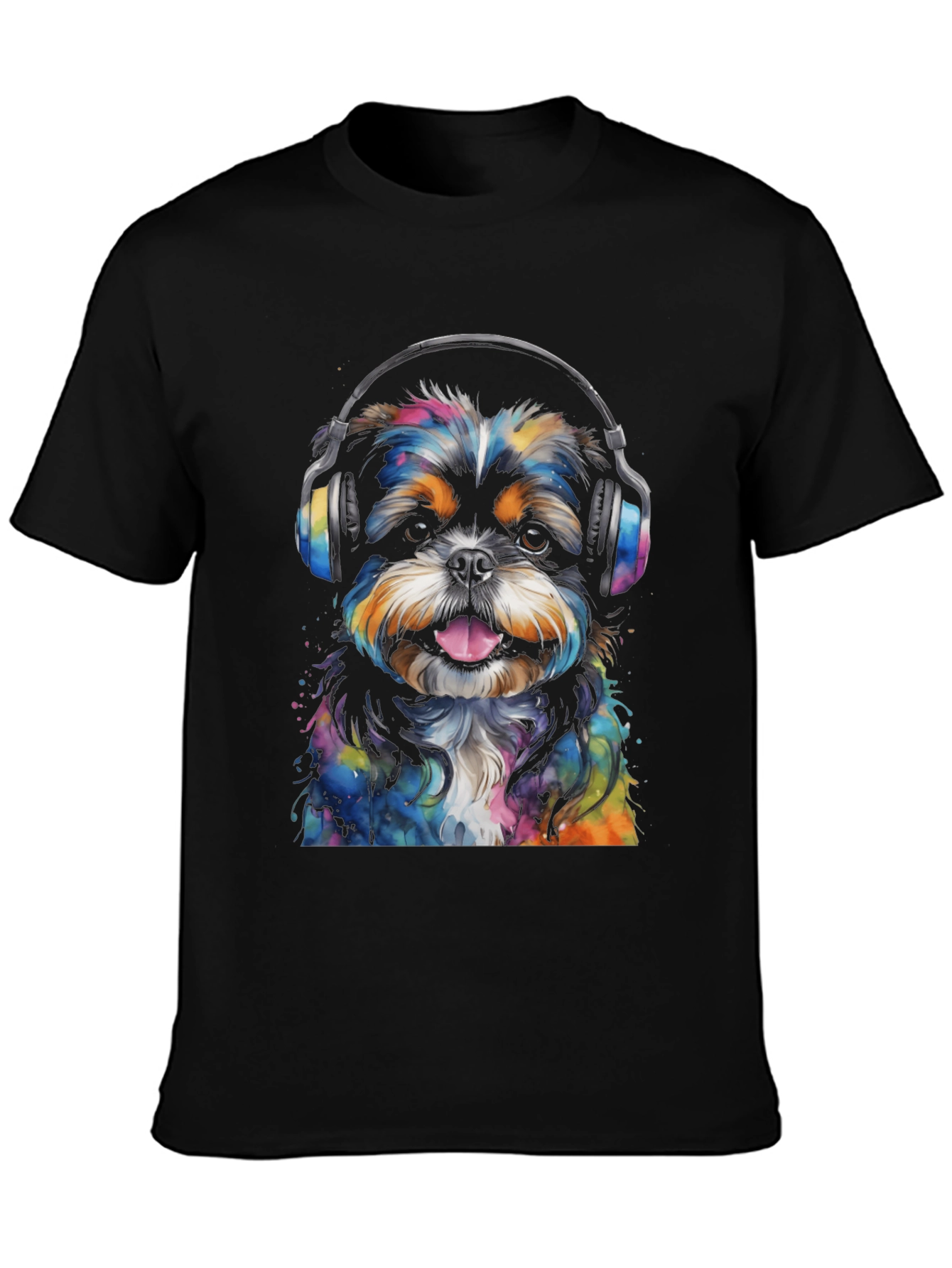 Dog with Headphones Graphic Tee - Black Cotton Blend