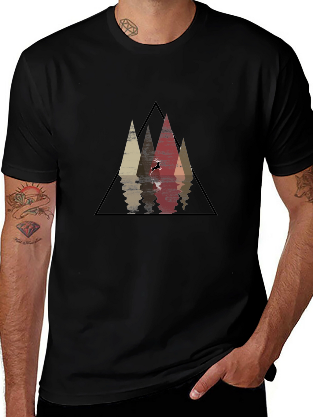 Mountain Reflection Black T-Shirt - Geometric Deer Graphic Tee