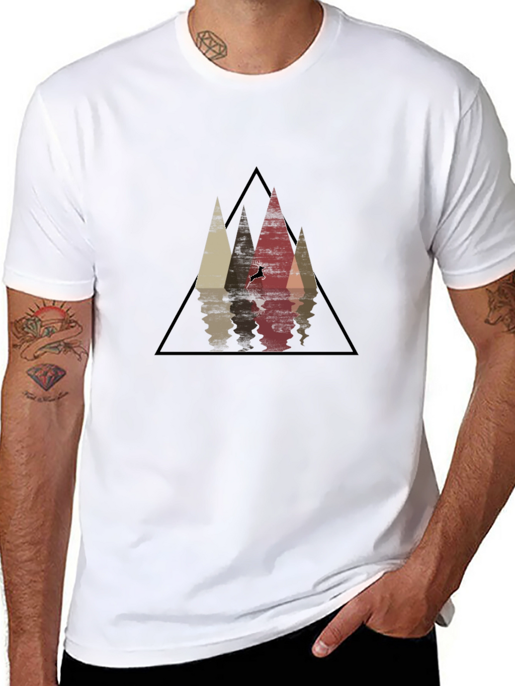Mountain Reflection Black T-Shirt - Geometric Deer Graphic Tee