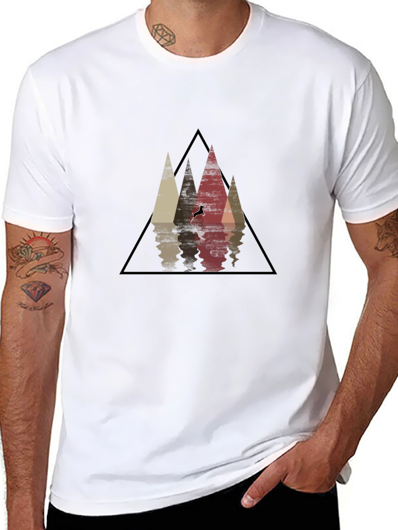Mountain Reflection Black T-Shirt - Geometric Deer Graphic Tee