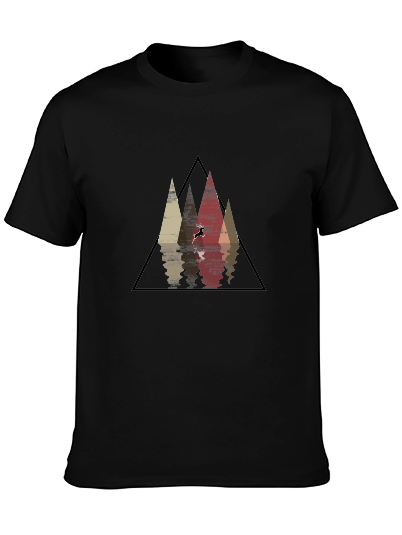 Mountain Reflection Black T-Shirt - Geometric Deer Graphic Tee