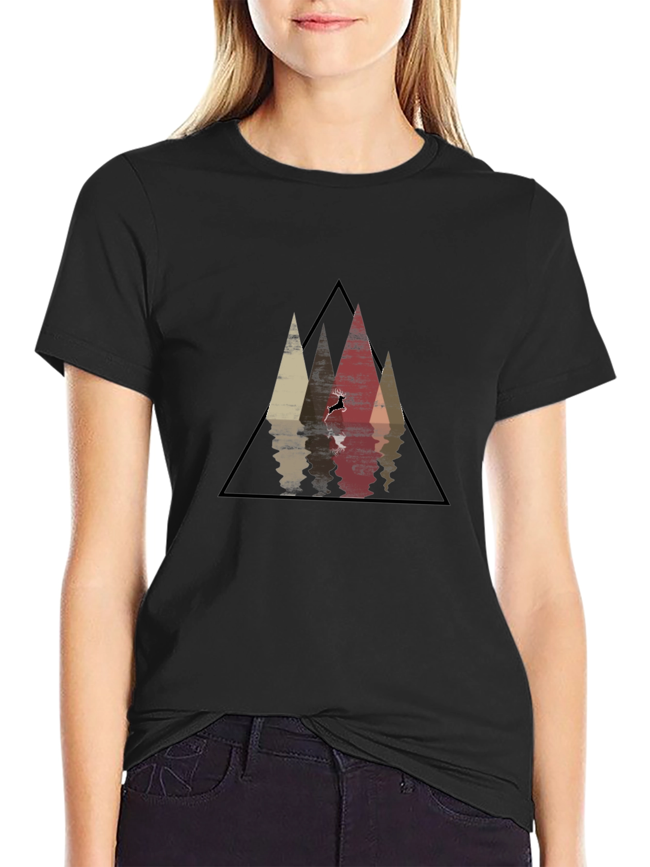 Mountain Reflection Black T-Shirt - Geometric Deer Graphic Tee
