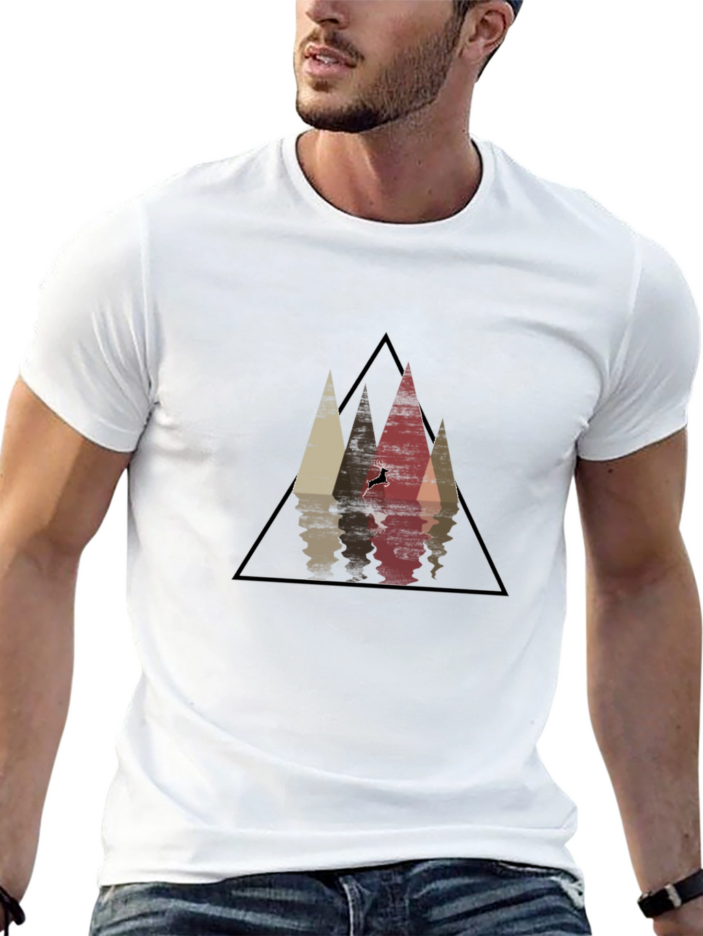 Mountain Reflection Black T-Shirt - Geometric Deer Graphic Tee