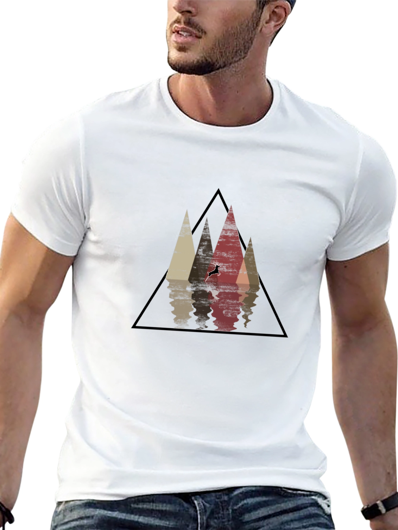 Mountain Reflection Black T-Shirt - Geometric Deer Graphic Tee