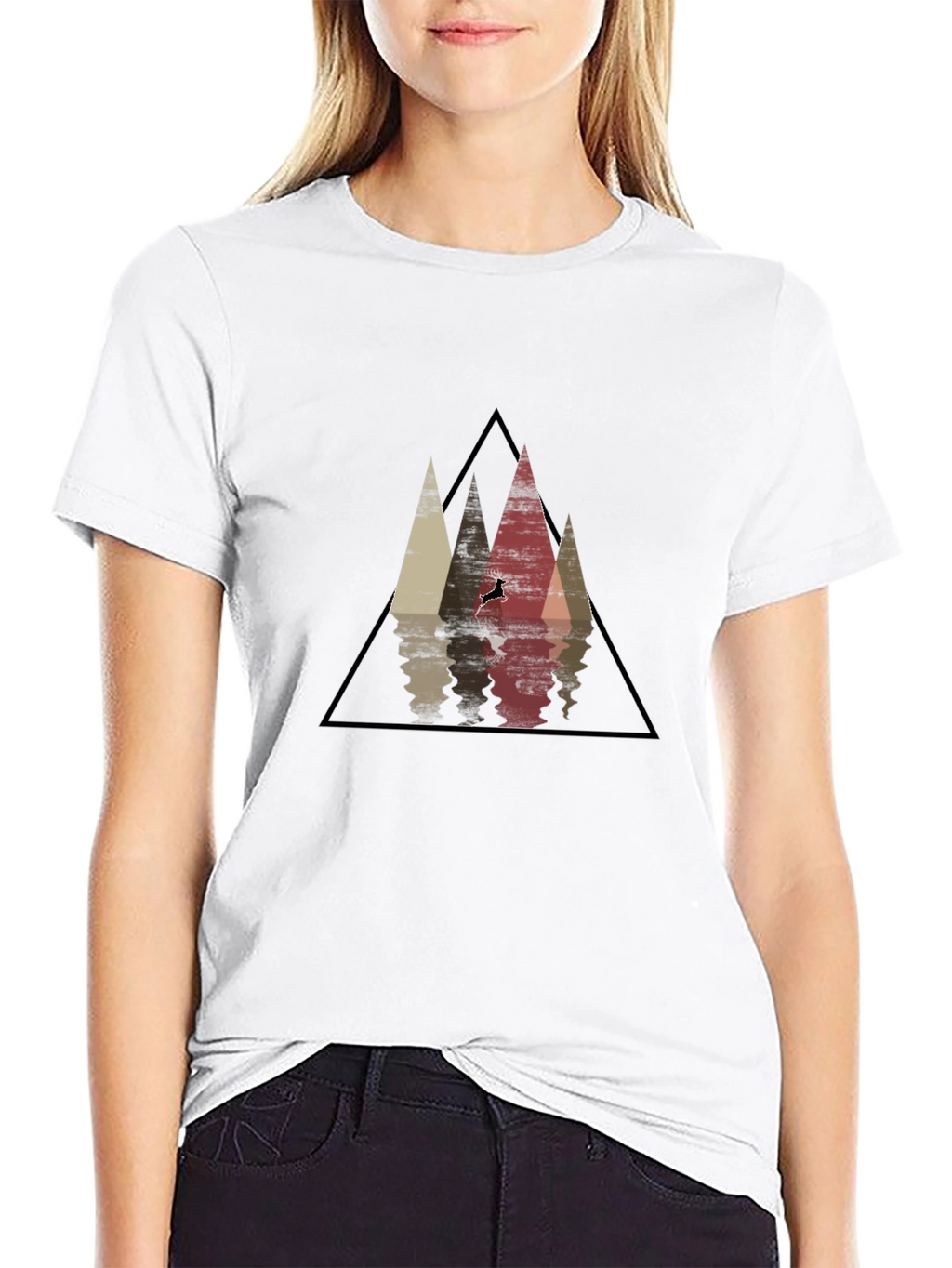 Mountain Reflection Black T-Shirt - Geometric Deer Graphic Tee