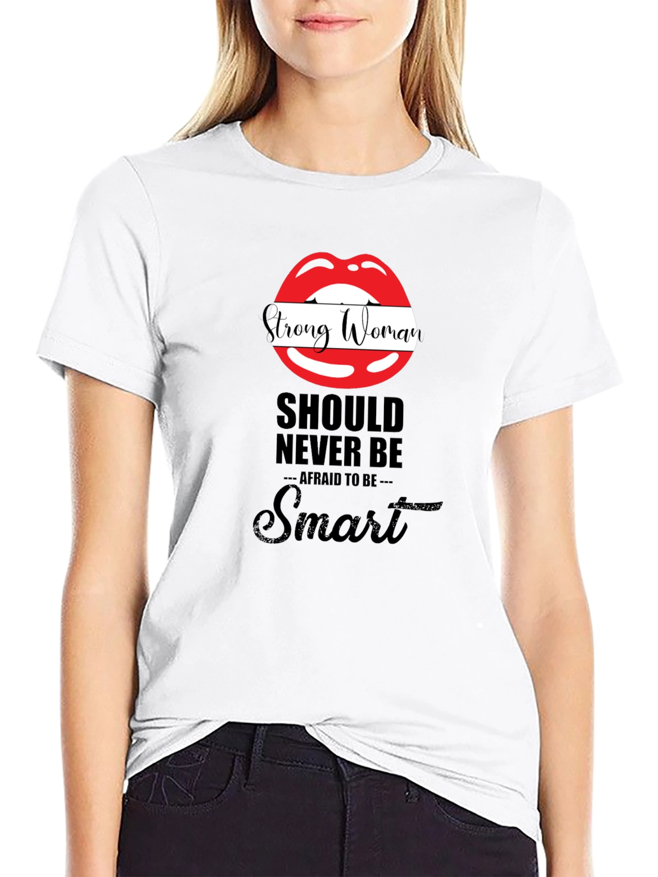 Strong Woman Lips Graphic Black T-Shirt