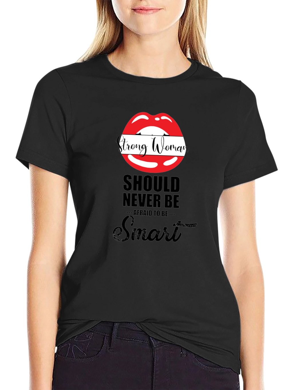 Strong Woman Lips Graphic Black T-Shirt