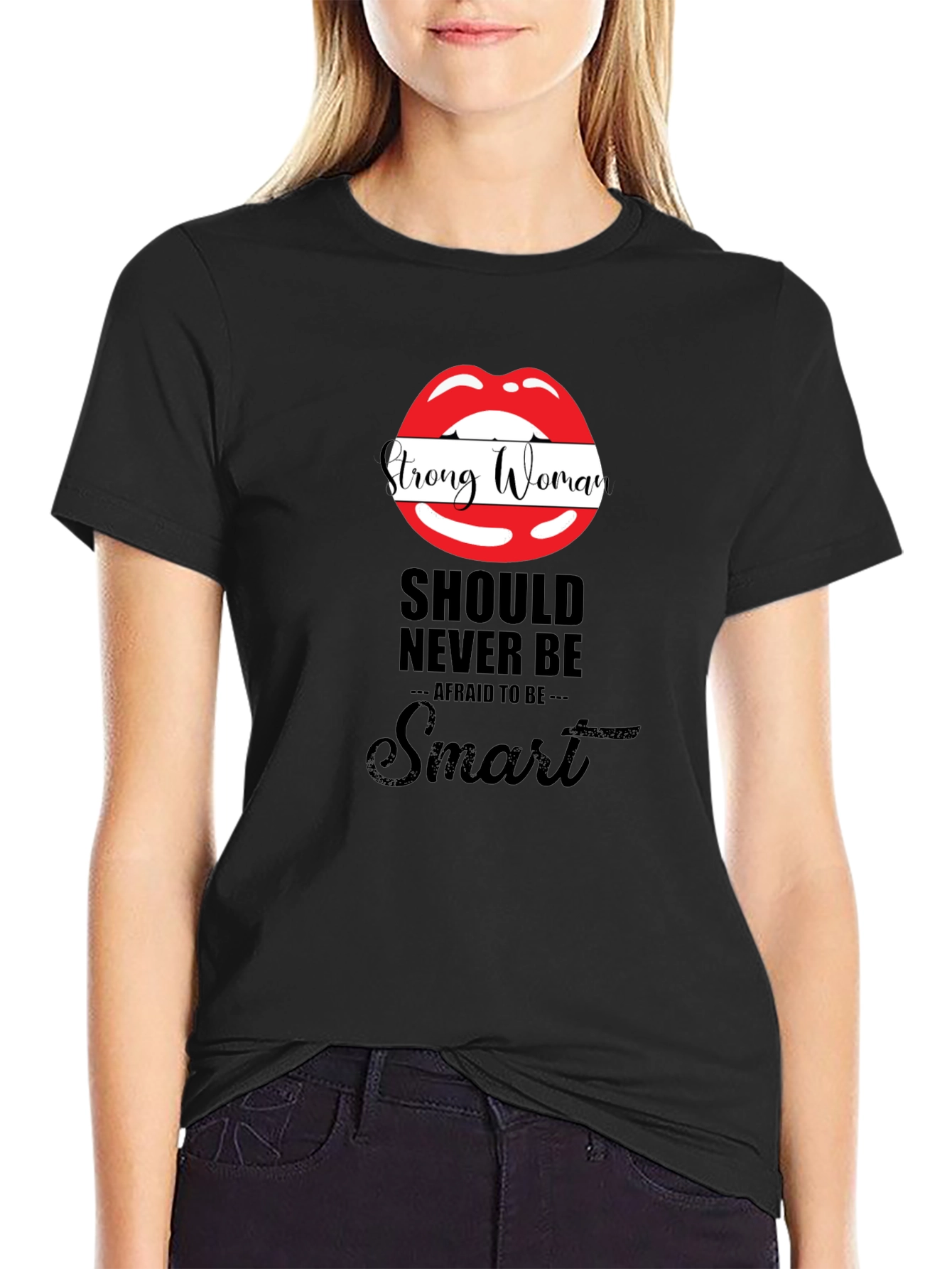 Strong Woman Lips Graphic Black T-Shirt