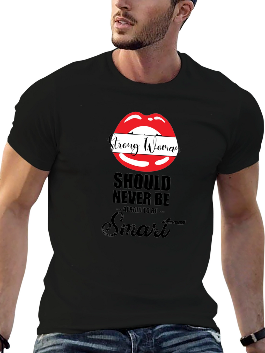 Strong Woman Lips Graphic Black T-Shirt