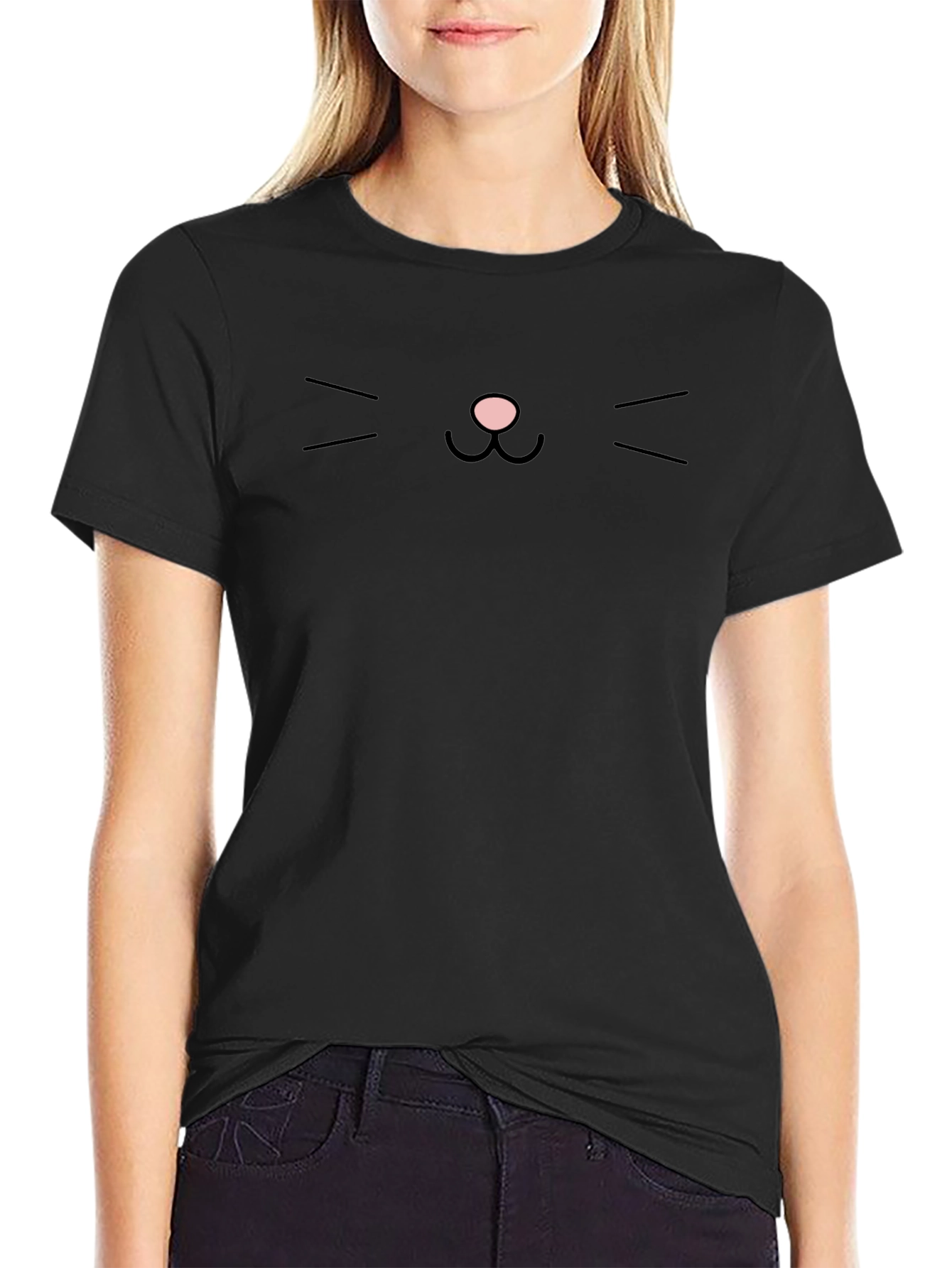 Minimalist Cat Face Graphic Tee - Black
