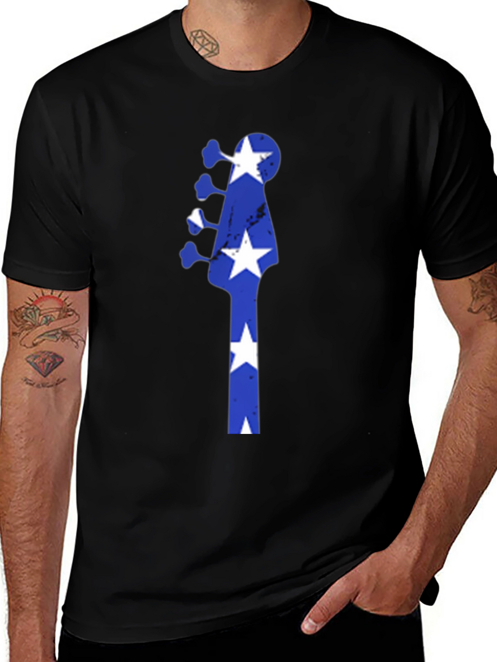 Blue Star Guitar Head Black T-Shirt