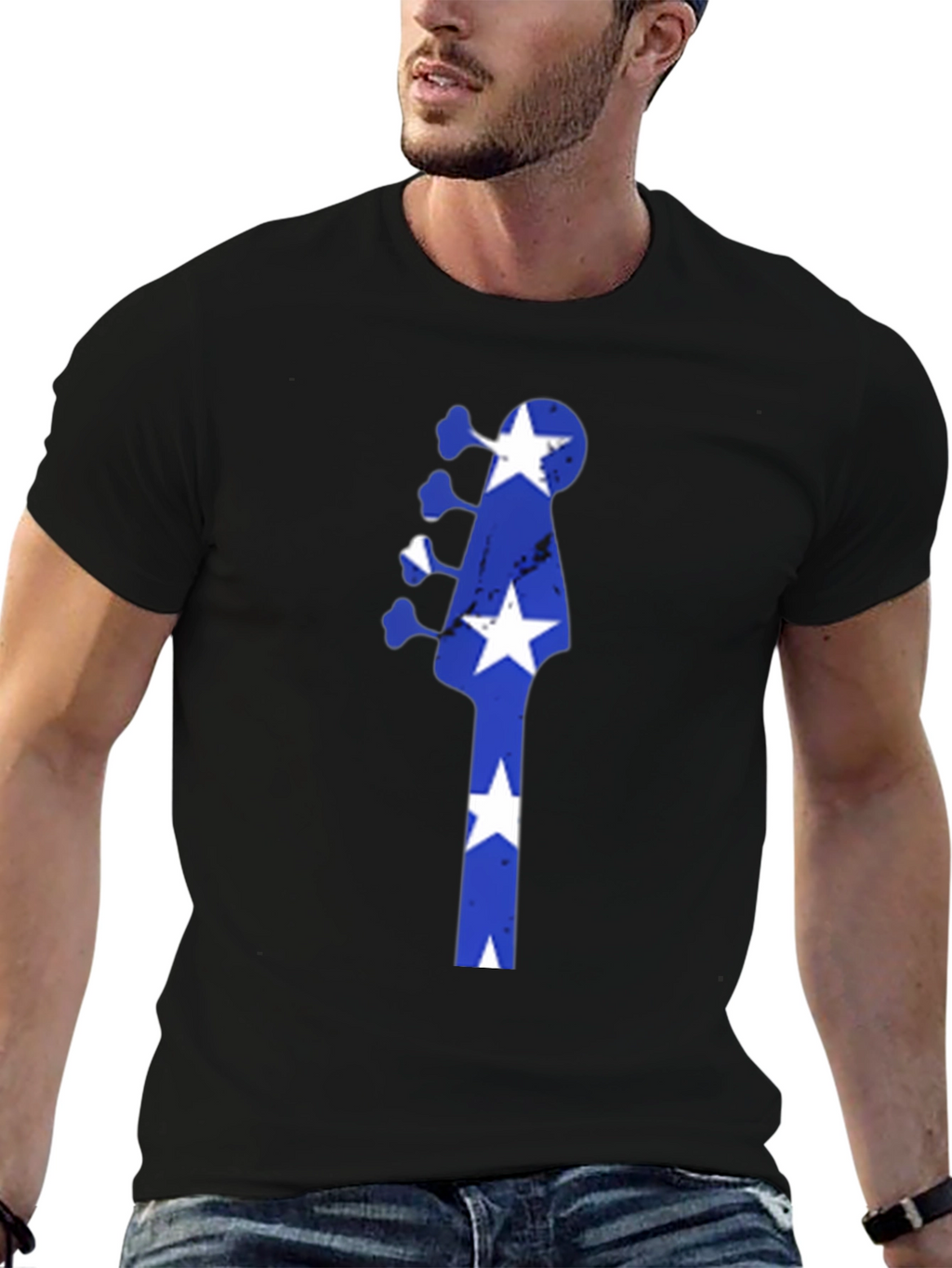 Blue Star Guitar Head Black T-Shirt