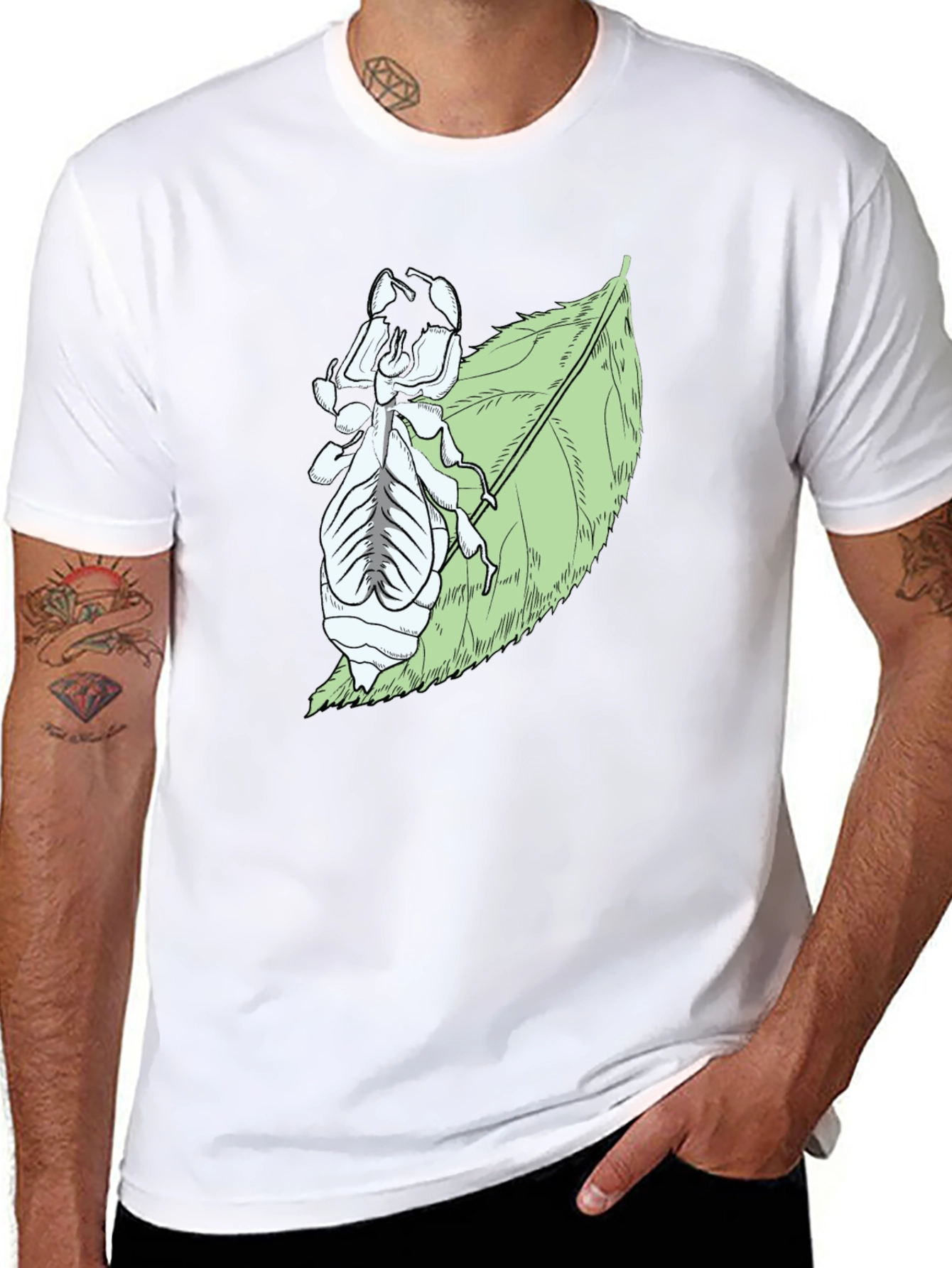 Insect on Leaf Graphic Tee - Black Cotton T-Shirt