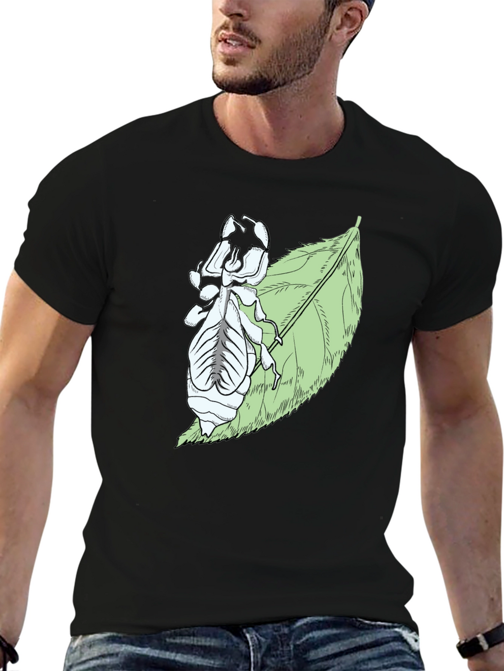 Insect on Leaf Graphic Tee - Black Cotton T-Shirt