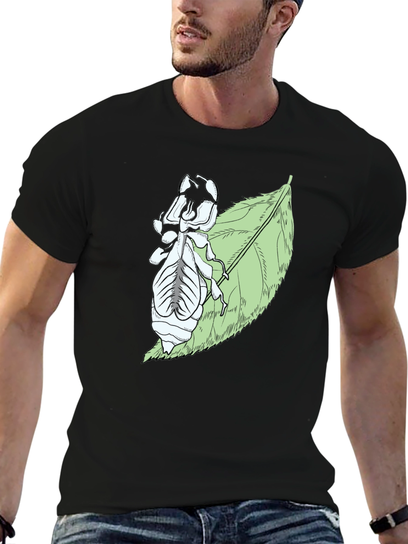 Insect on Leaf Graphic Tee - Black Cotton T-Shirt