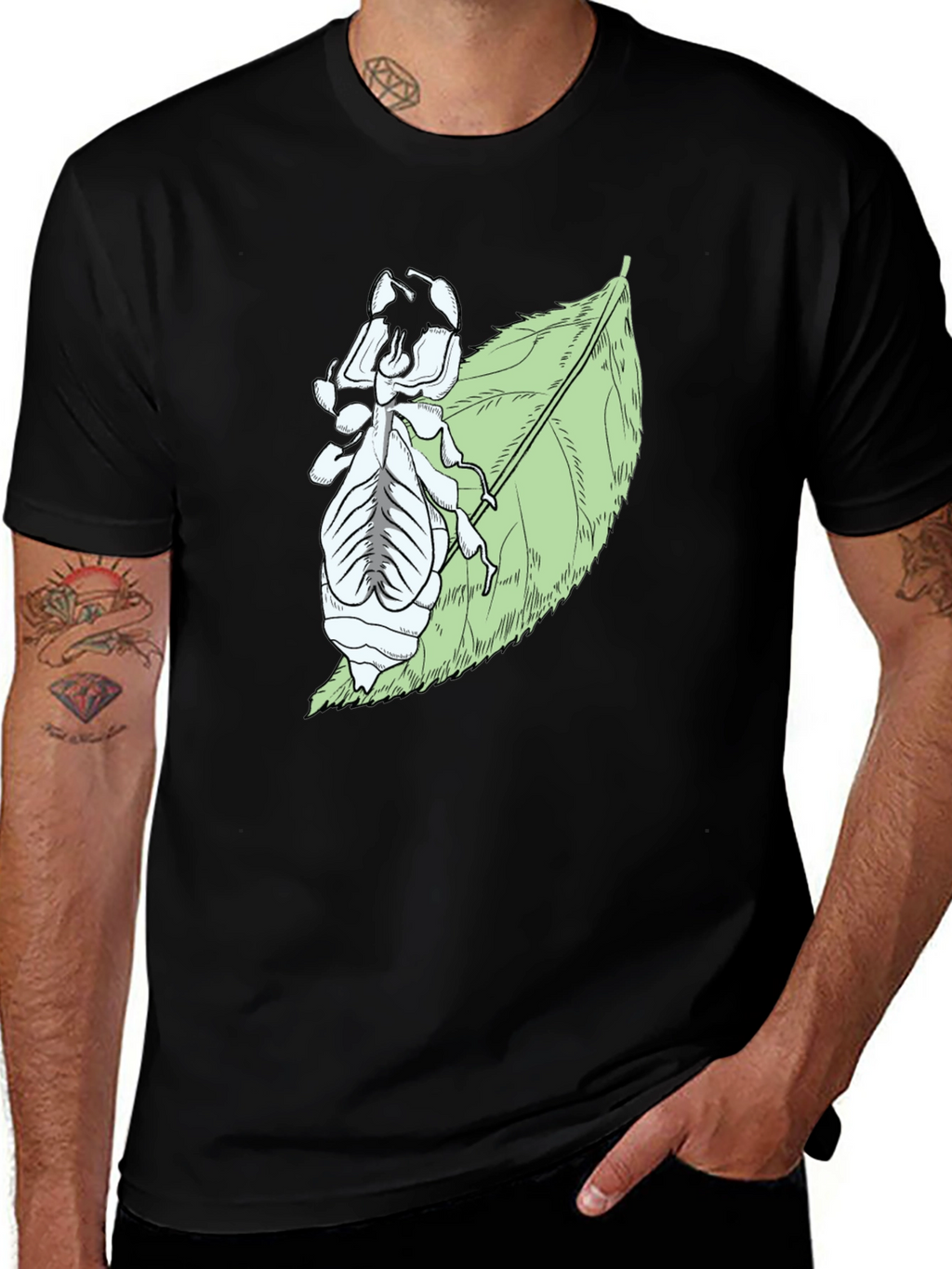 Insect on Leaf Graphic Tee - Black Cotton T-Shirt