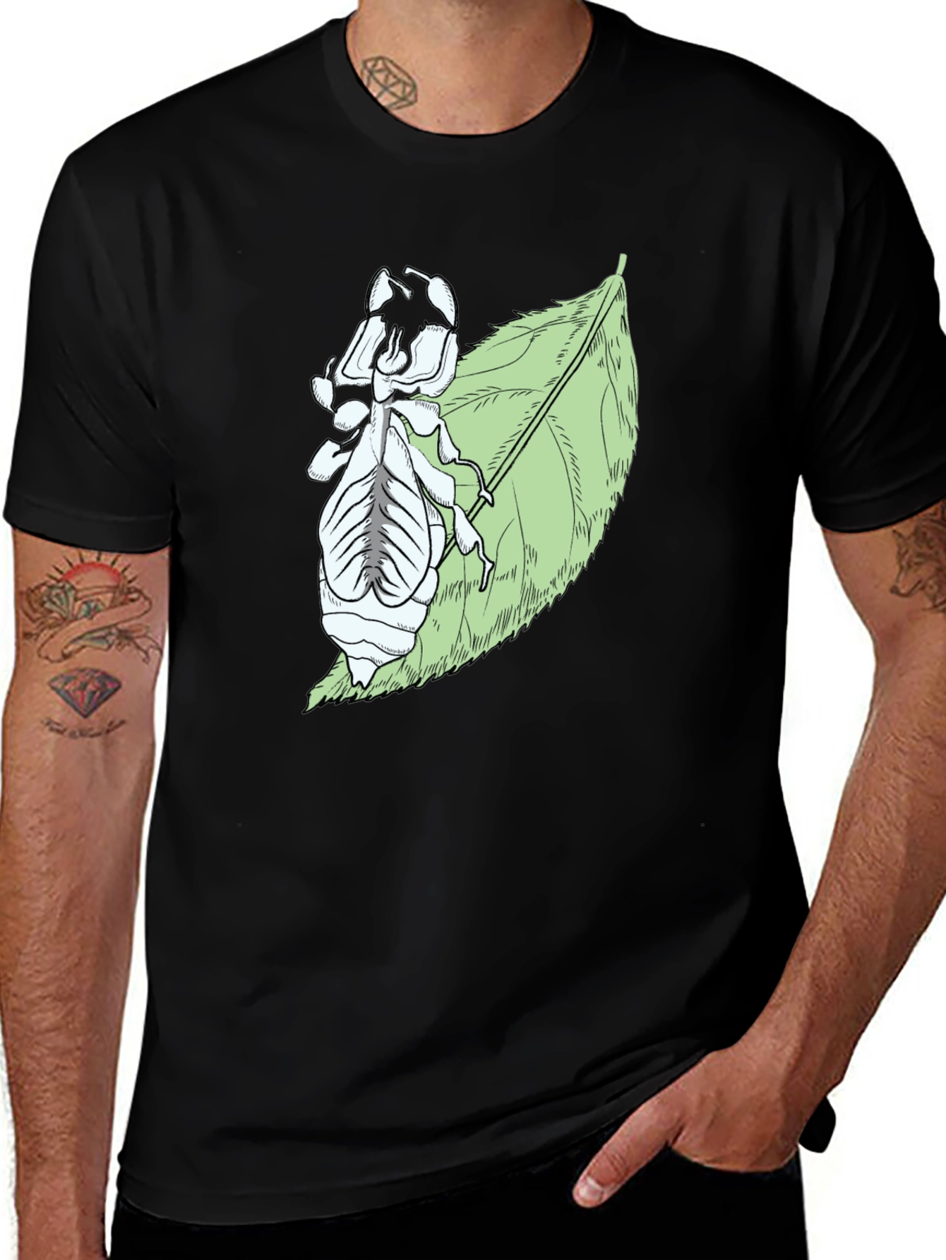 Insect on Leaf Graphic Tee - Black Cotton T-Shirt