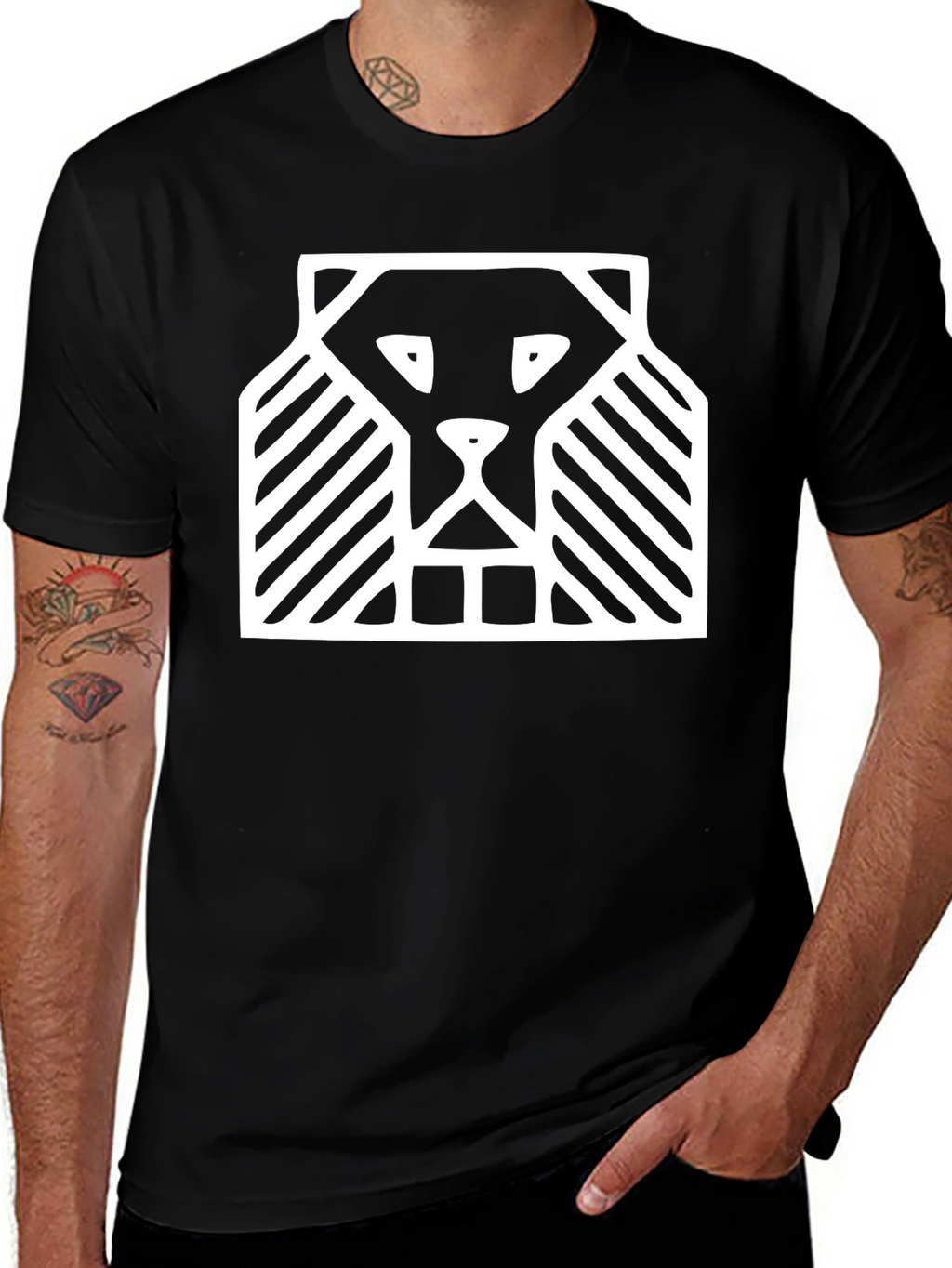 Abstract Lion Graphic Tee - Black Cotton Comfort