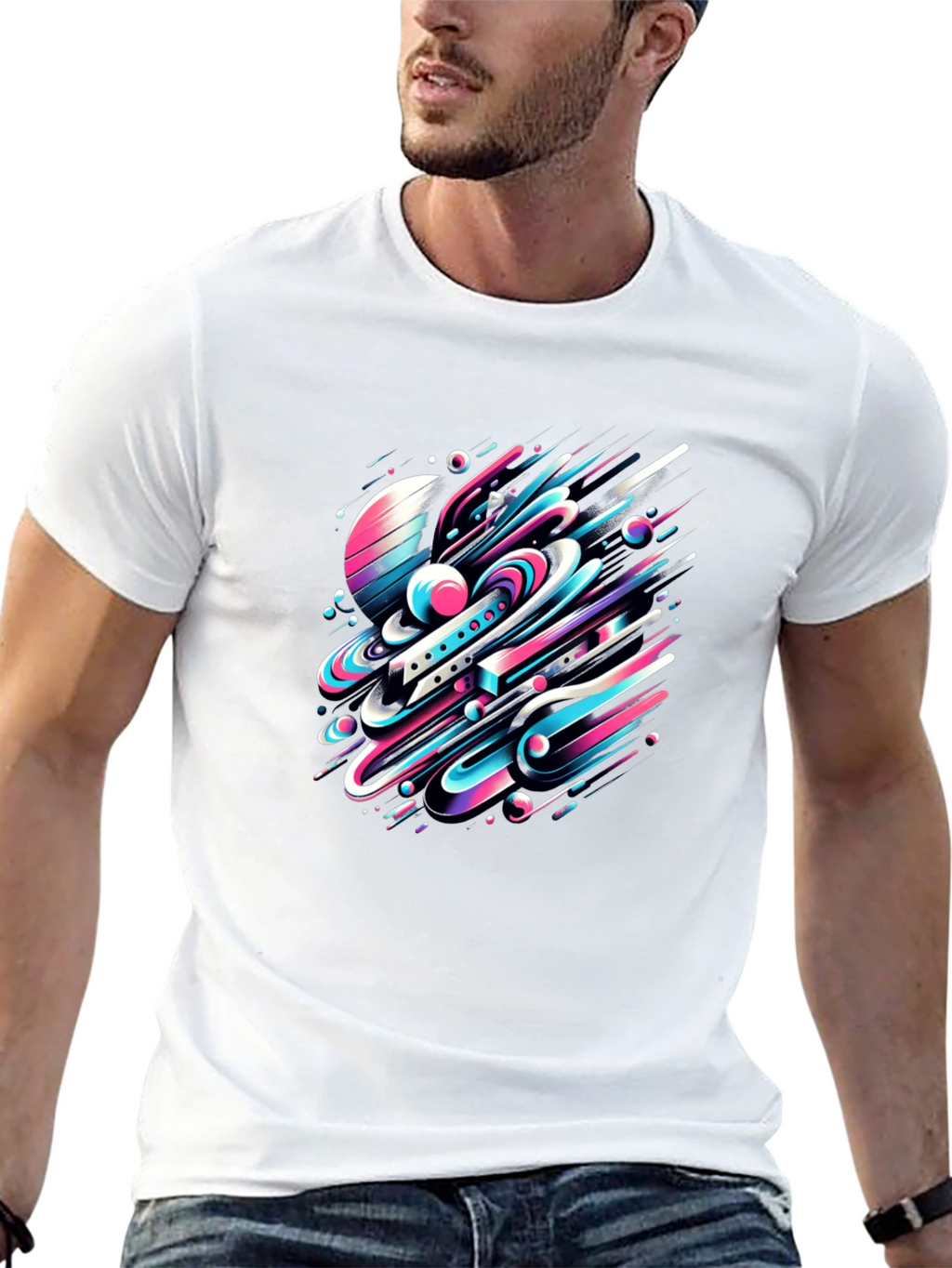 Abstract Space Tee: Graphic Print Black Cotton T-Shirt